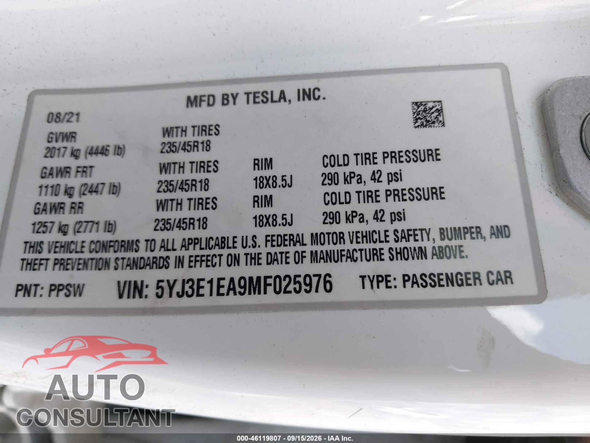 TESLA MODEL 3 2021 - 5YJ3E1EA9MF025976