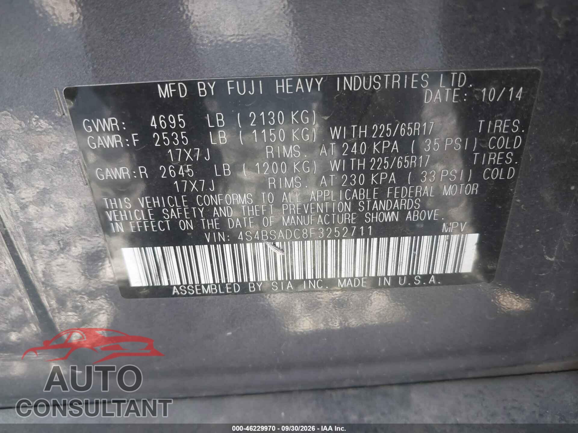 SUBARU OUTBACK 2015 - 4S4BSADC8F3252711