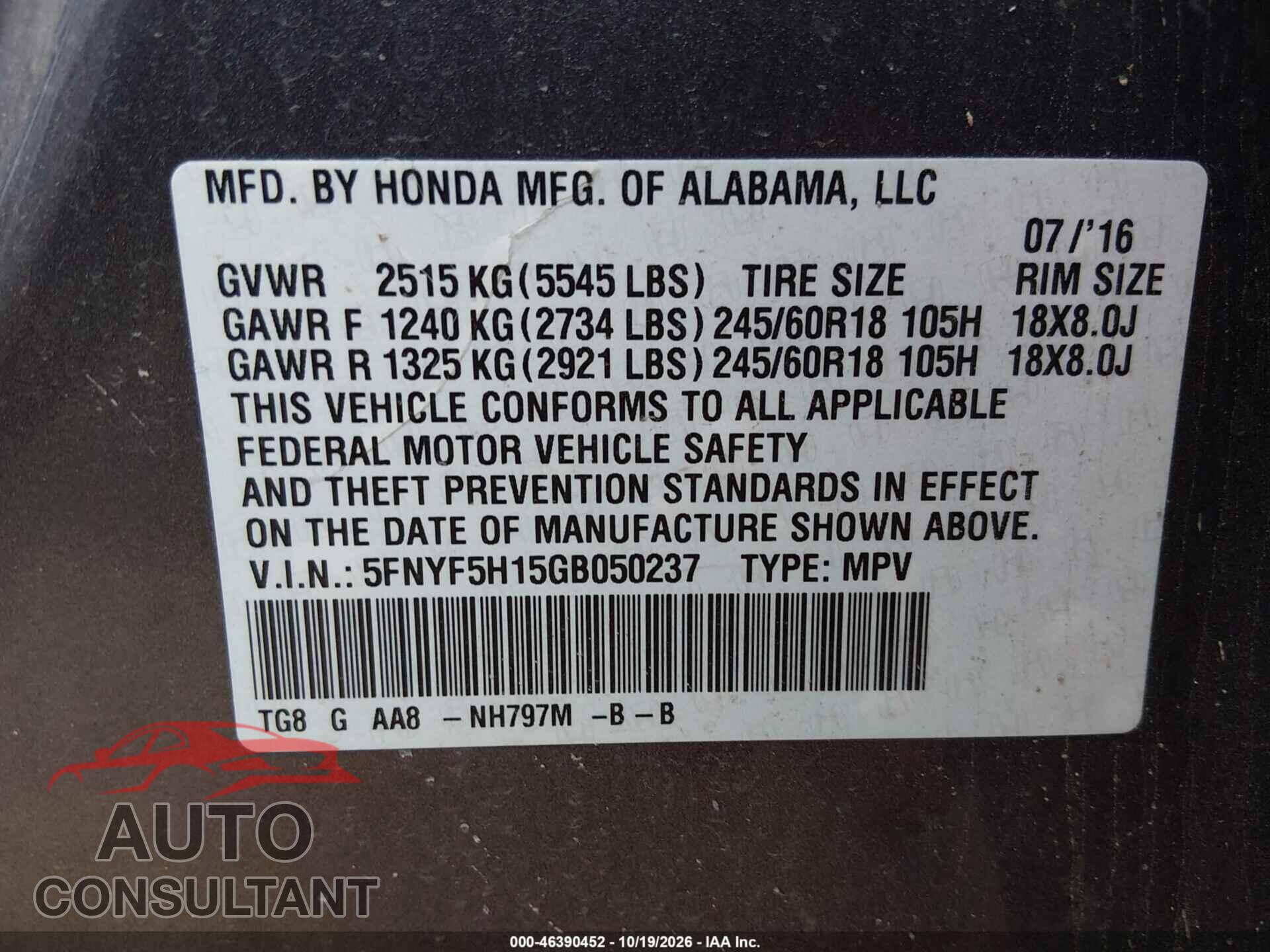 HONDA PILOT 2016 - 5FNYF5H15GB050237