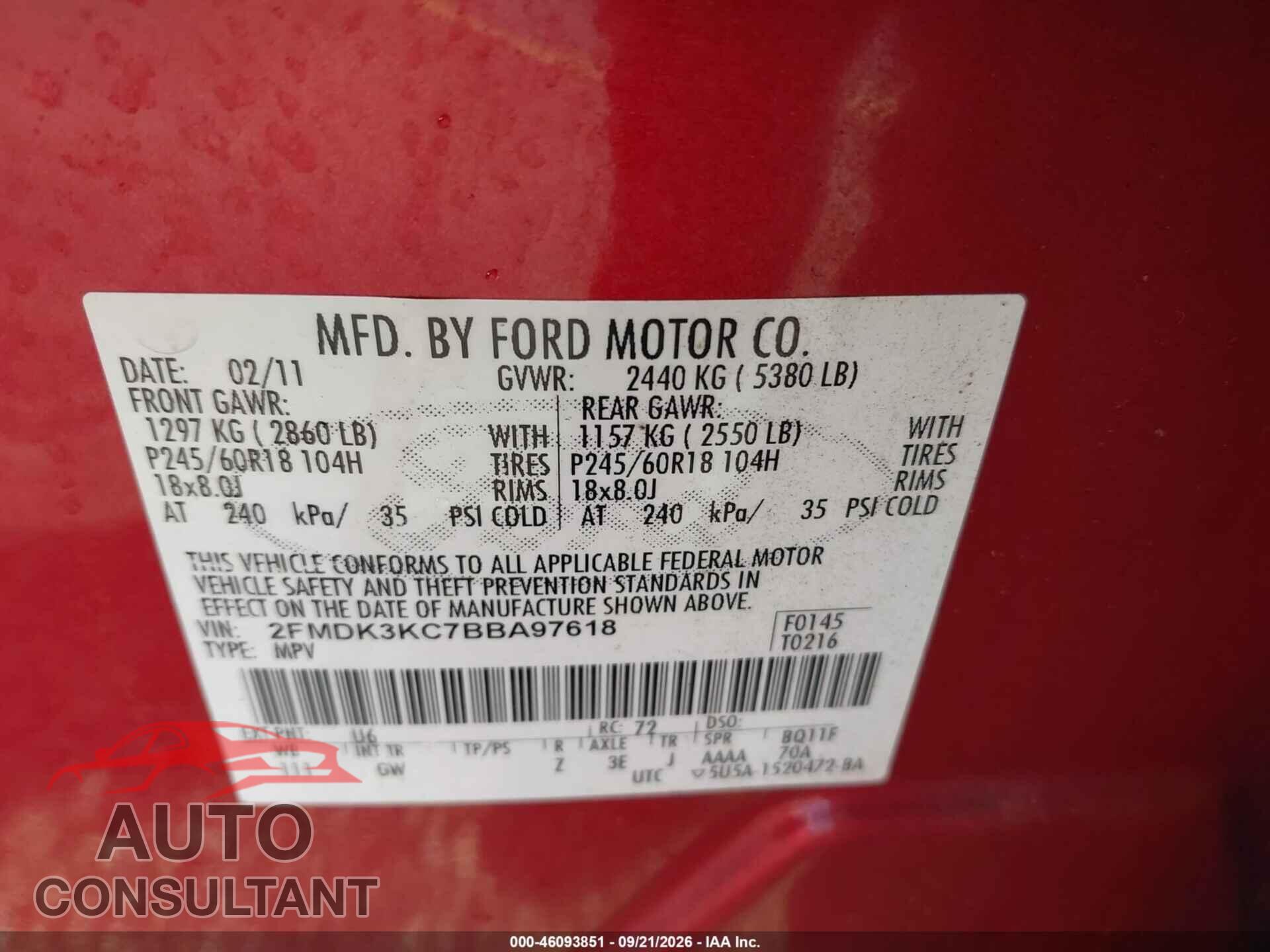 FORD EDGE 2011 - 2FMDK3KC7BBA97618