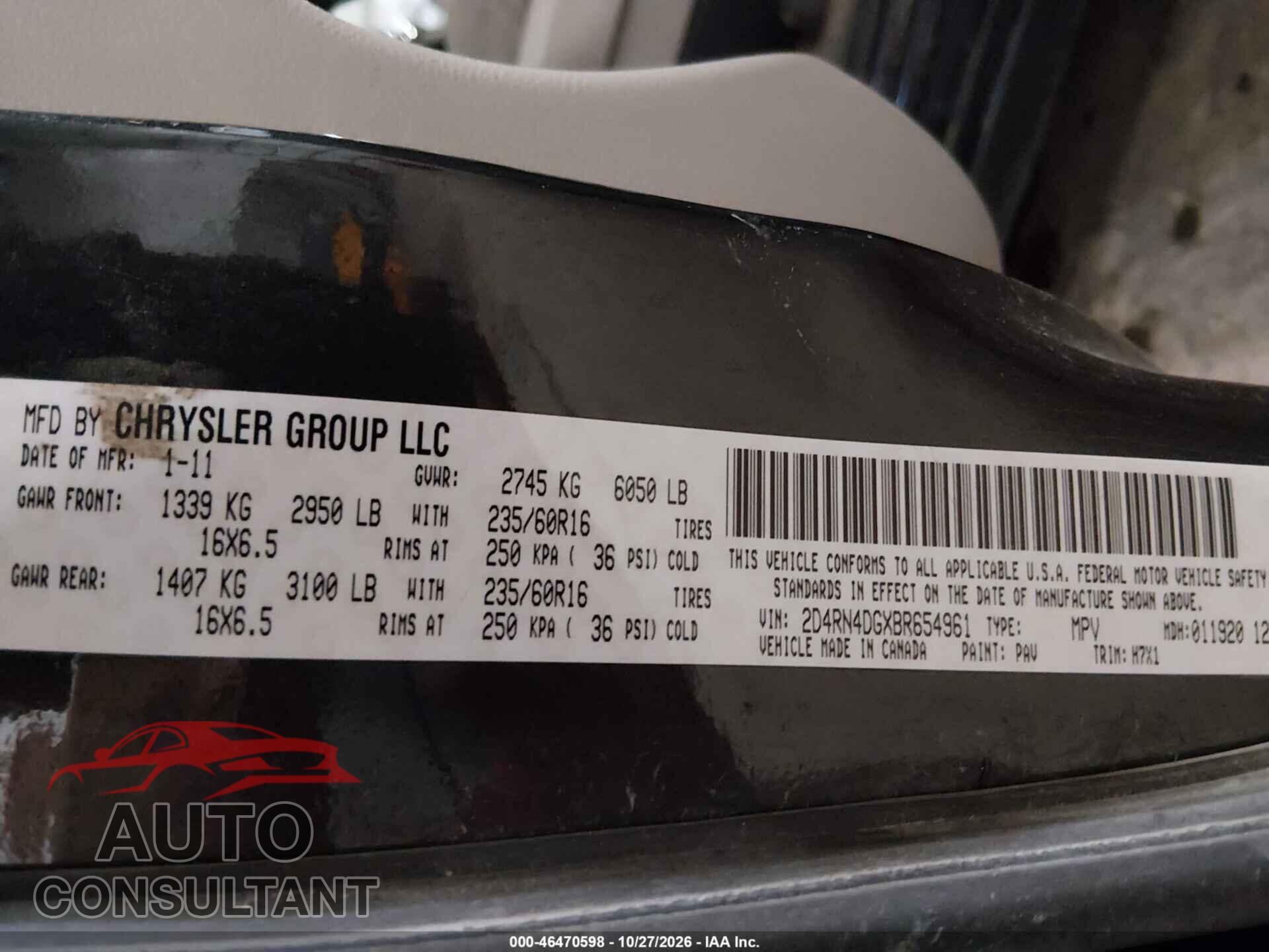 DODGE GRAND CARAVAN 2011 - 2D4RN4DGXBR654961