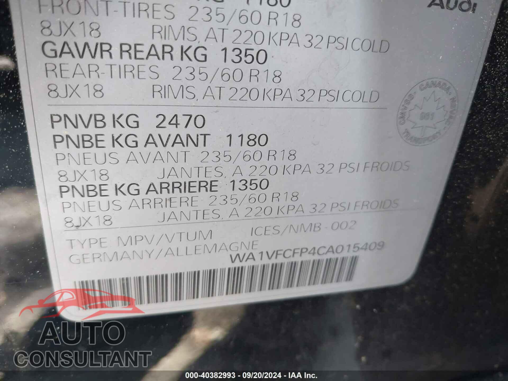 AUDI Q5 2012 - WA1VFCFP4CA015409