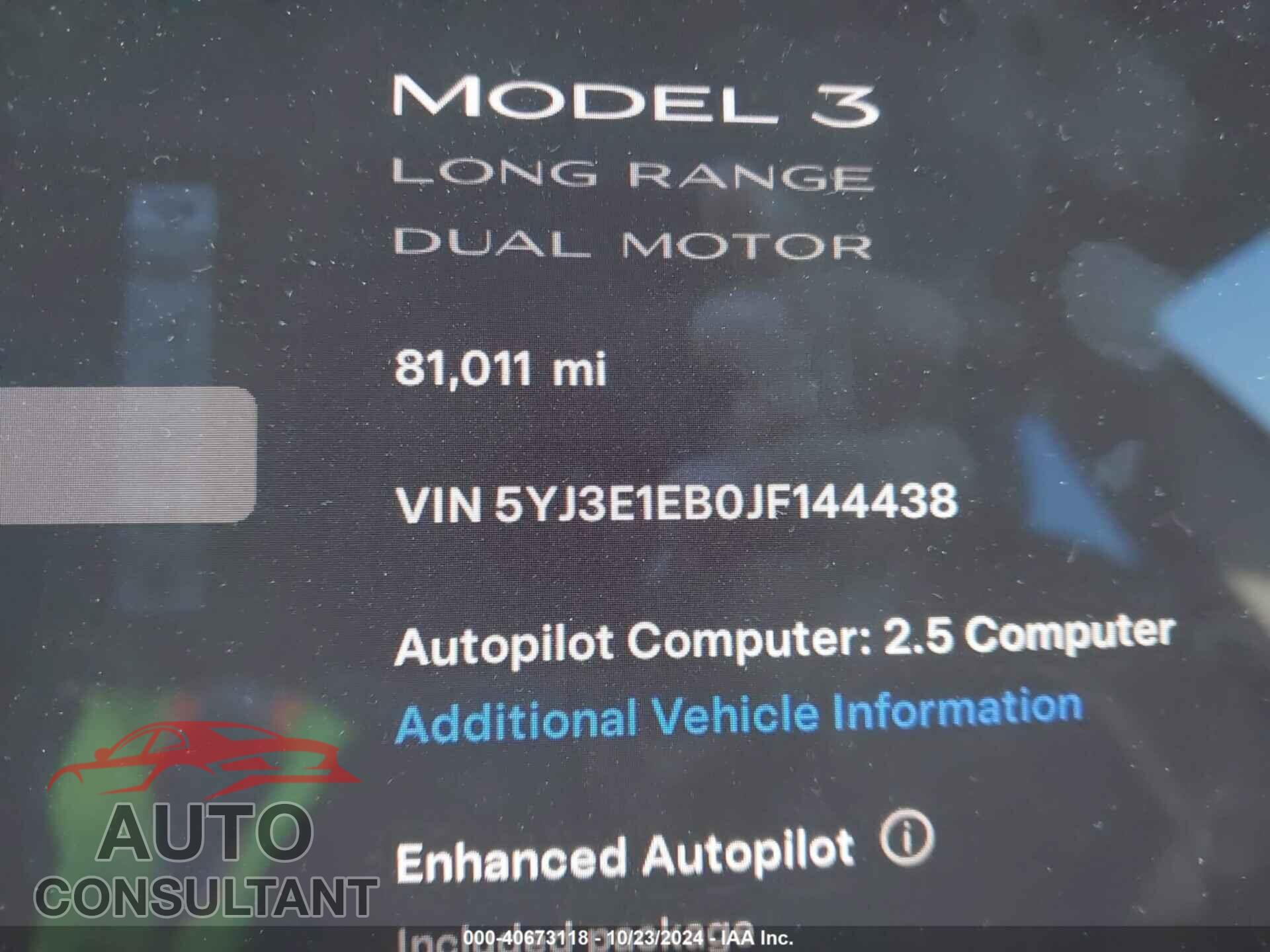 TESLA MODEL 3 2018 - 5YJ3E1EB0JF144438