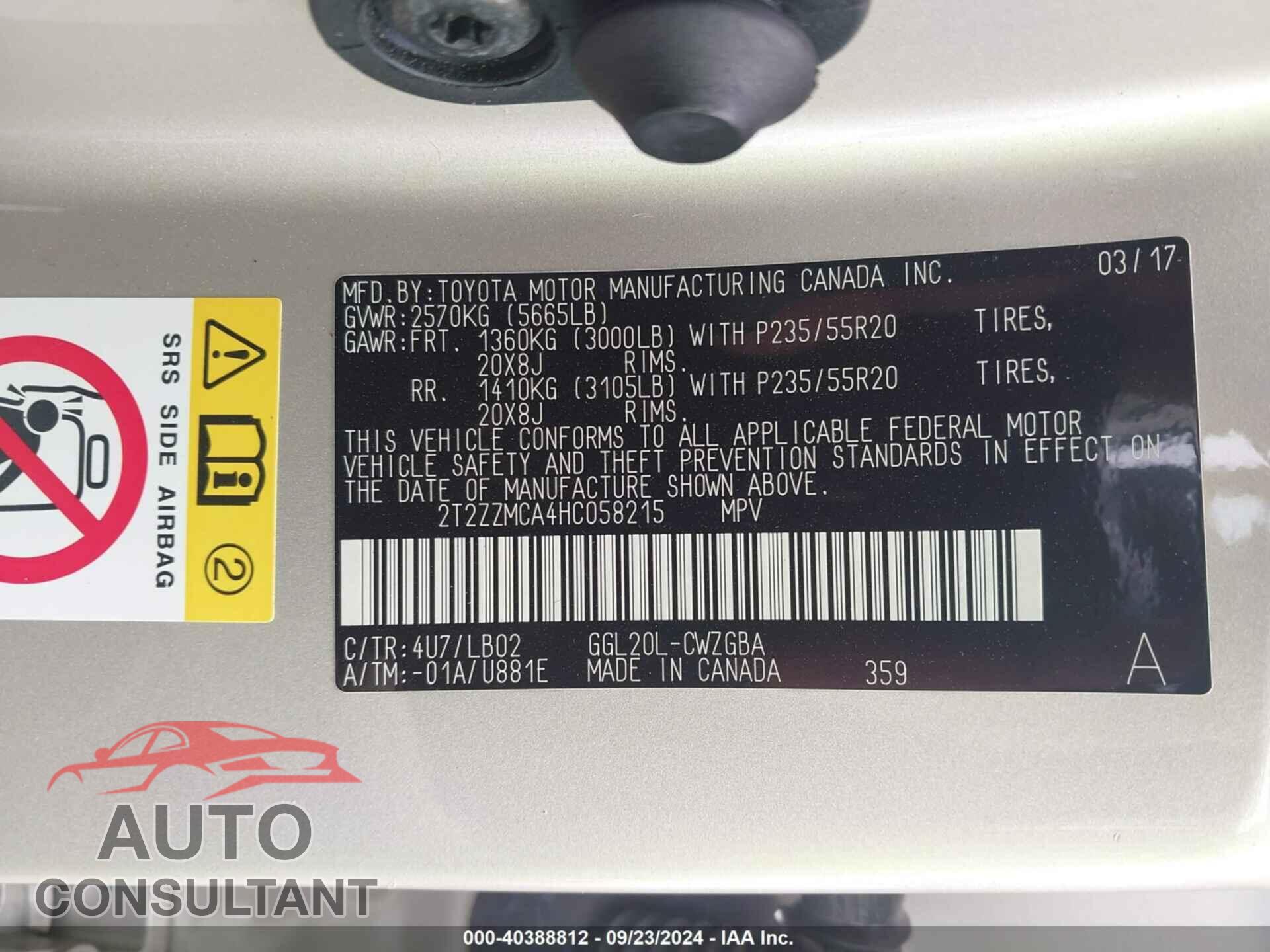 LEXUS RX 350 2017 - 2T2ZZMCA4HC058215