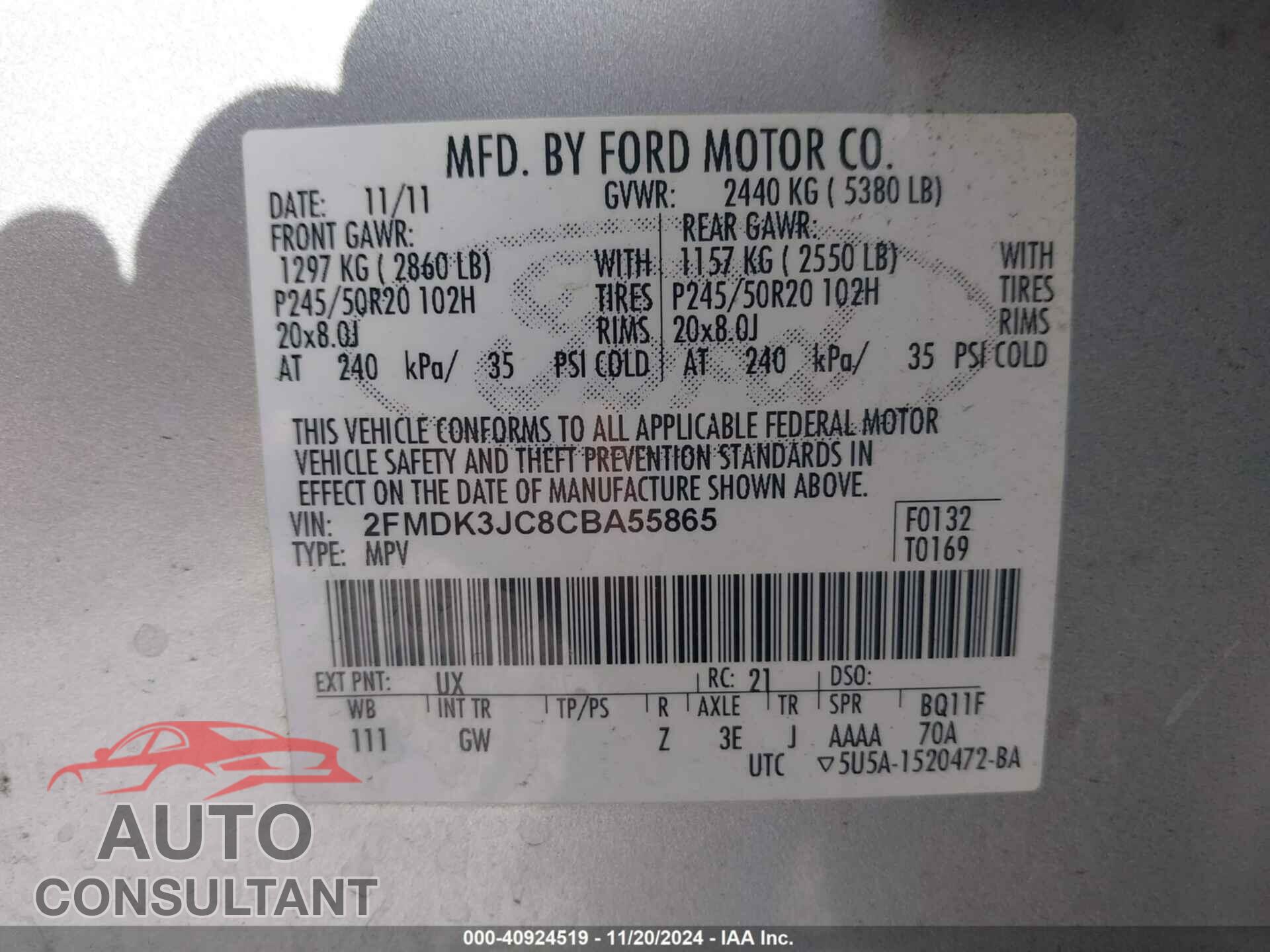FORD EDGE 2012 - 2FMDK3JC8CBA55865