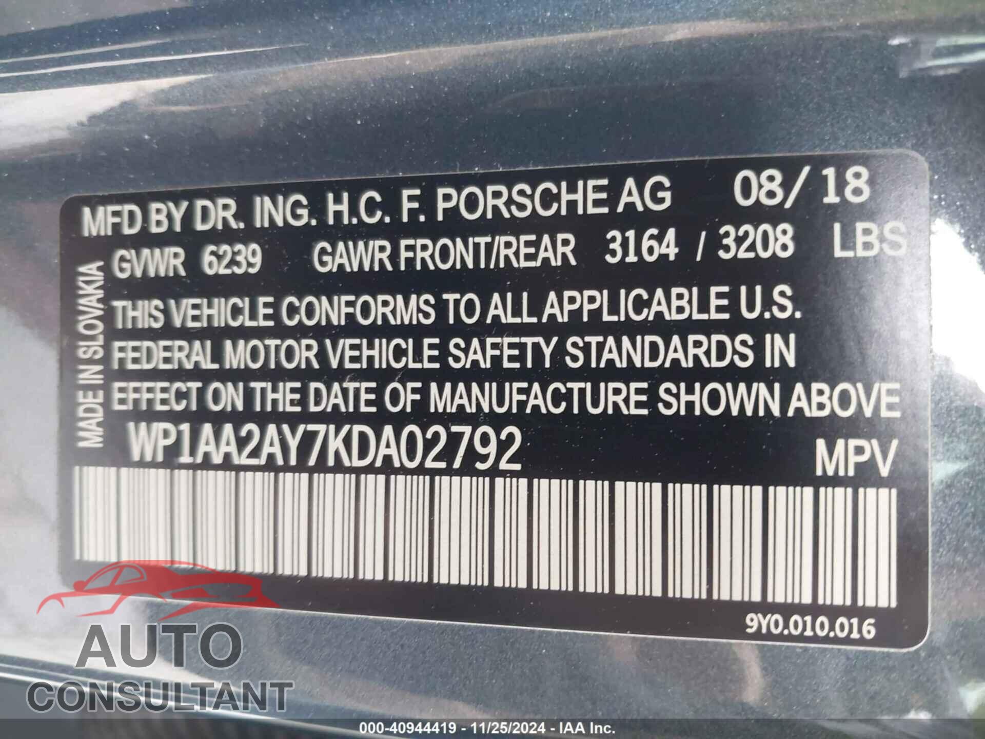 PORSCHE CAYENNE 2019 - WP1AA2AY7KDA02792