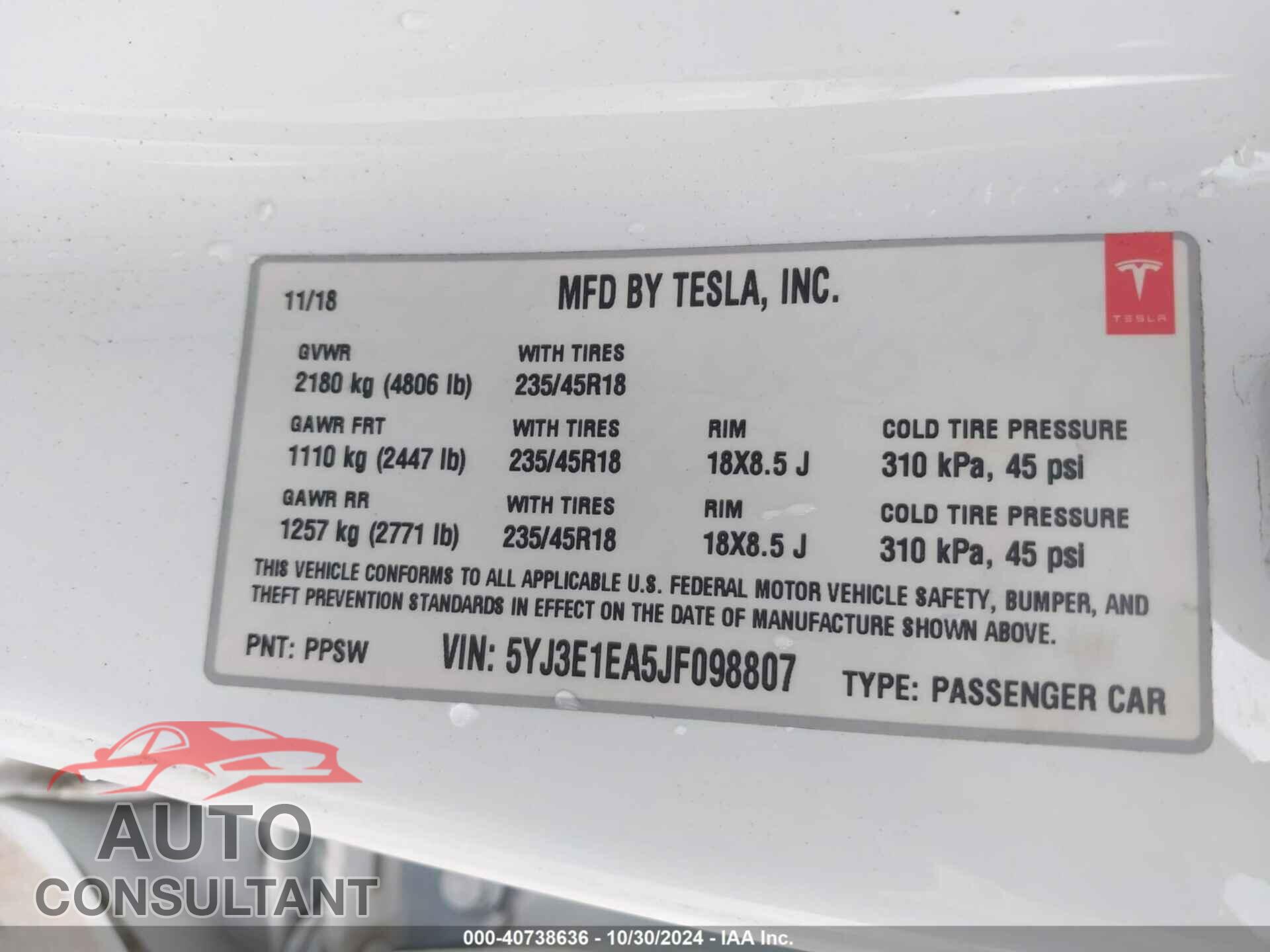TESLA MODEL 3 2018 - 5YJ3E1EA5JF098807