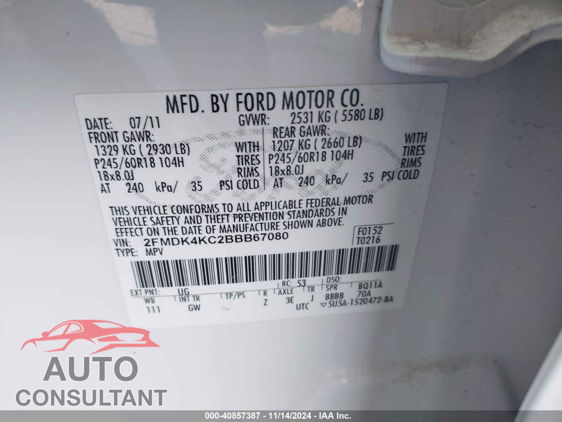 FORD EDGE 2011 - 2FMDK4KC2BBB67080