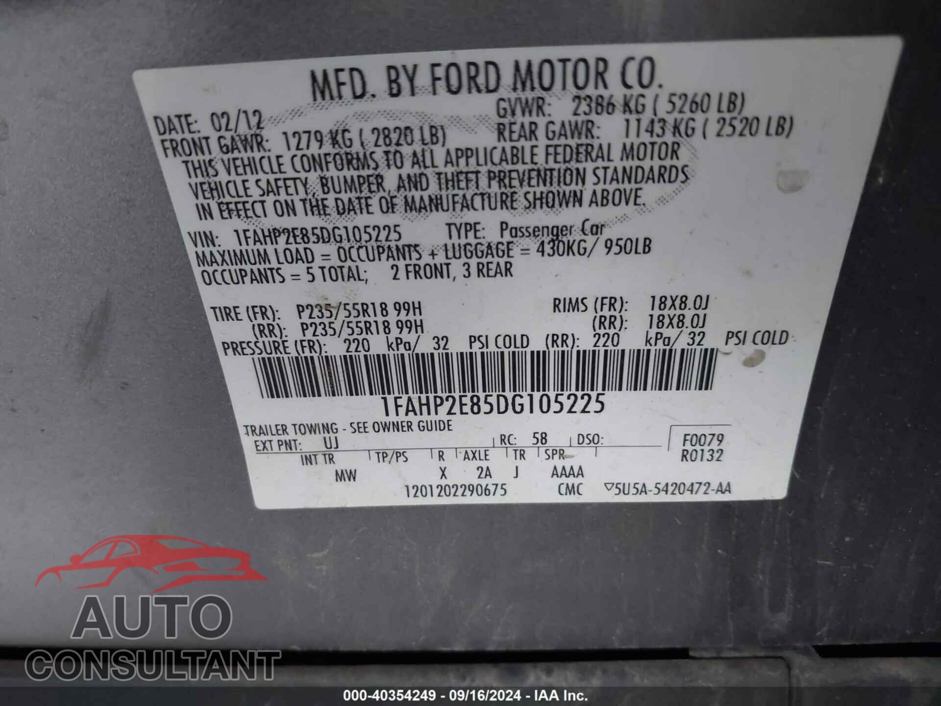 FORD TAURUS 2013 - 1FAHP2E85DG105225
