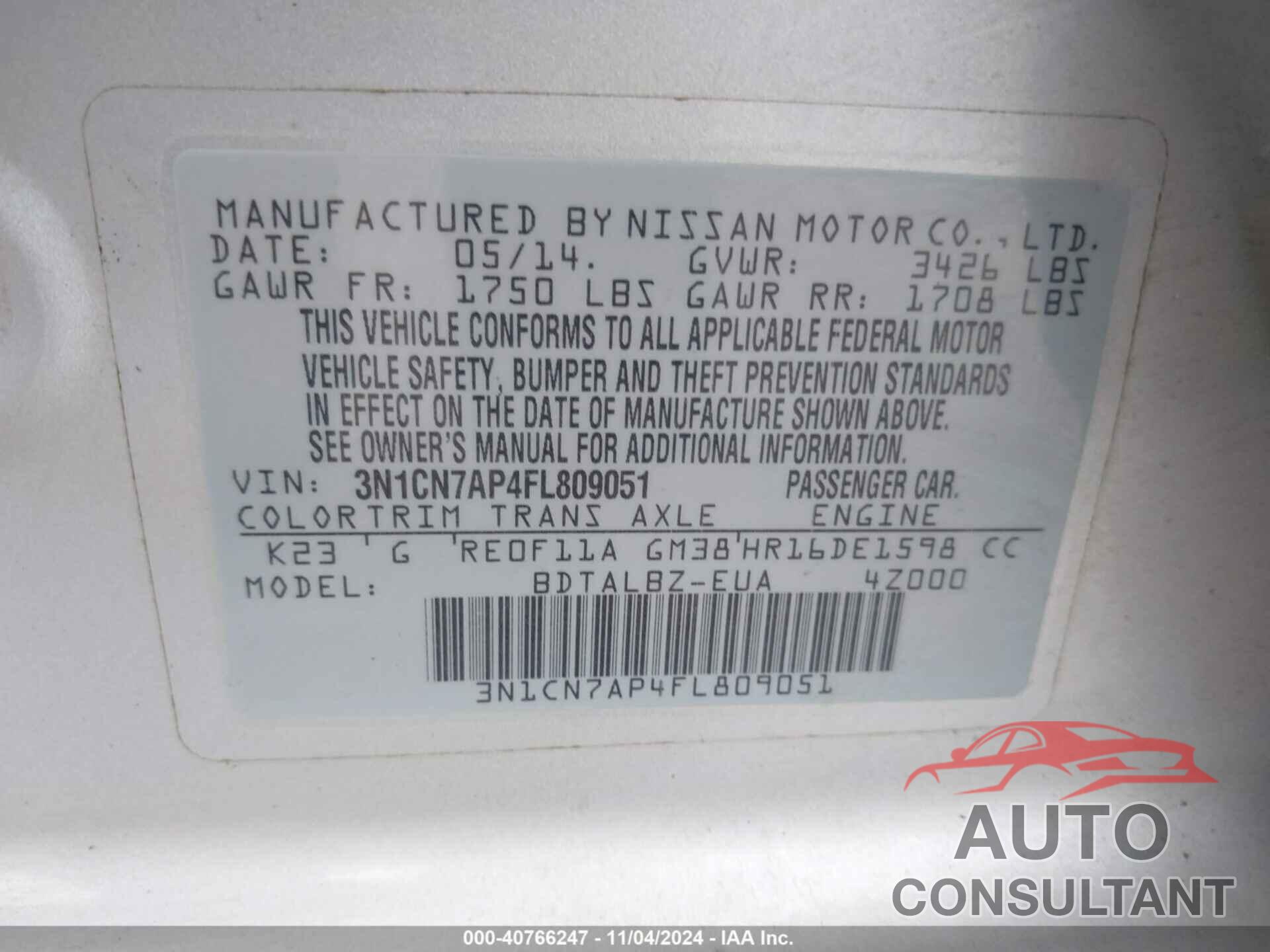 NISSAN VERSA 2015 - 3N1CN7AP4FL809051