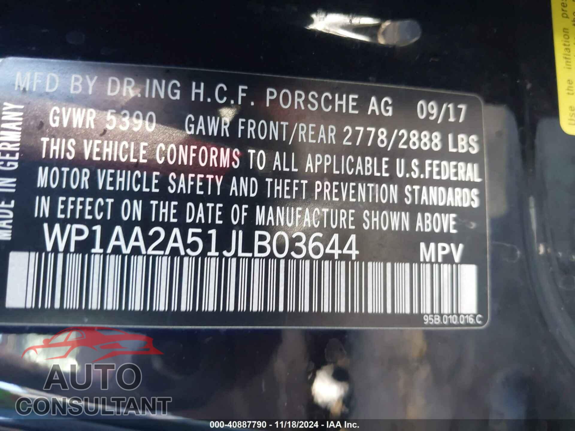 PORSCHE MACAN 2018 - WP1AA2A51JLB03644