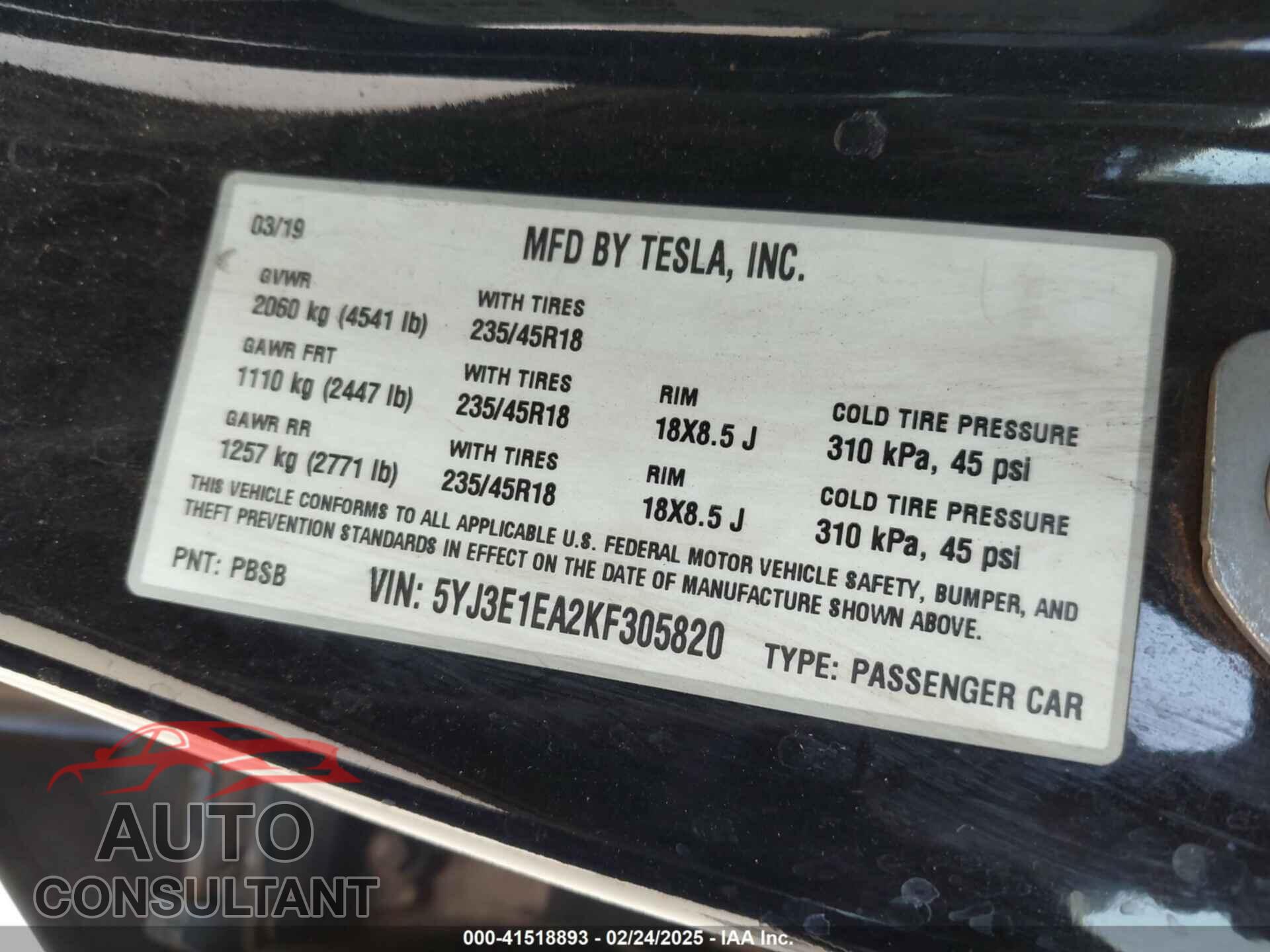 TESLA MODEL 3 2019 - 5YJ3E1EA2KF305820
