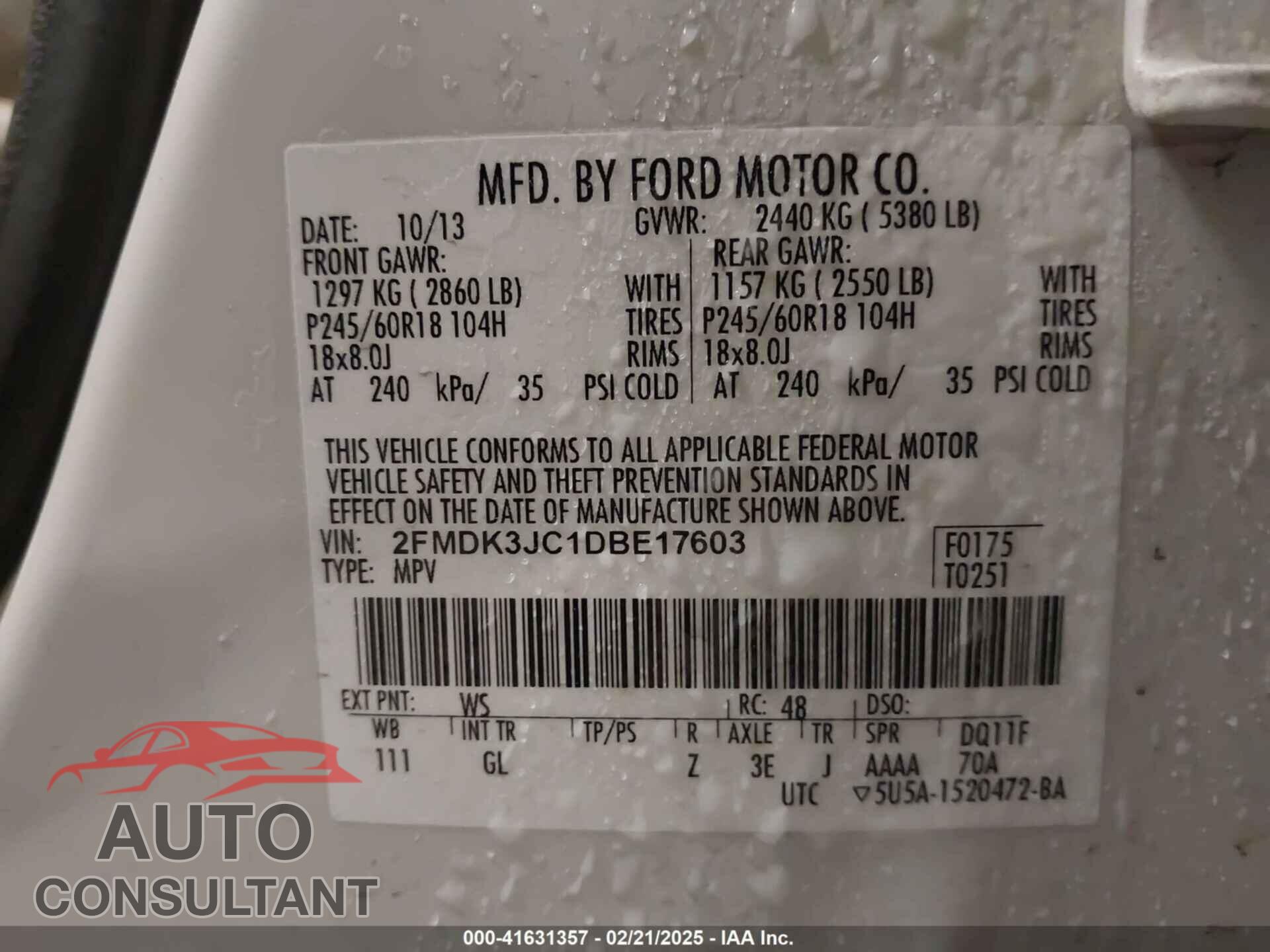 FORD EDGE 2013 - 2FMDK3JC1DBE17603