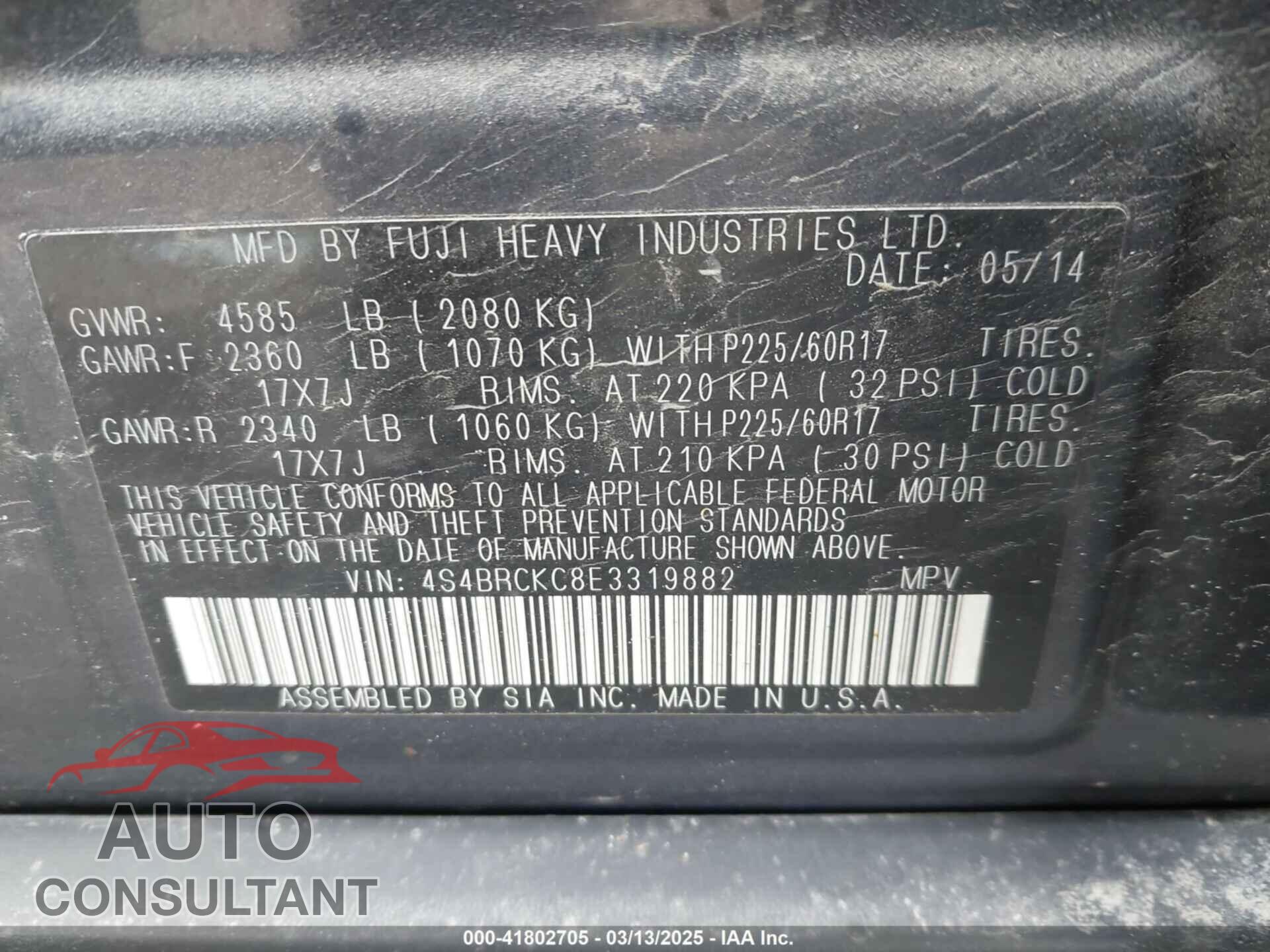 SUBARU OUTBACK 2014 - 4S4BRCKC8E3319882