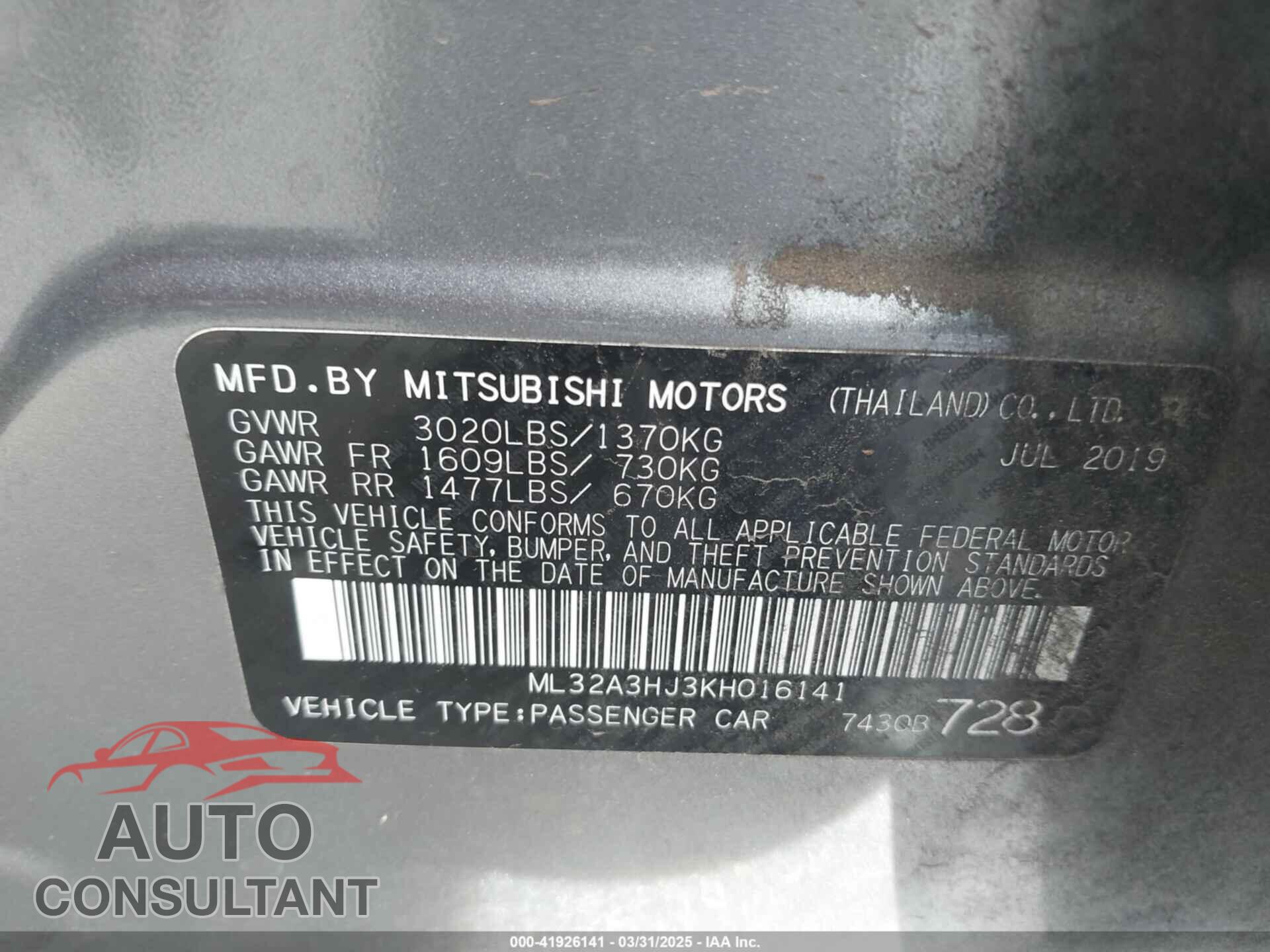 MITSUBISHI MIRAGE 2019 - ML32A3HJ3KH016141