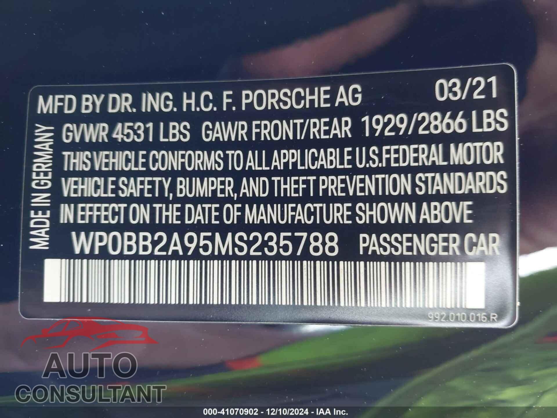 PORSCHE 911 2021 - WP0BB2A95MS235788