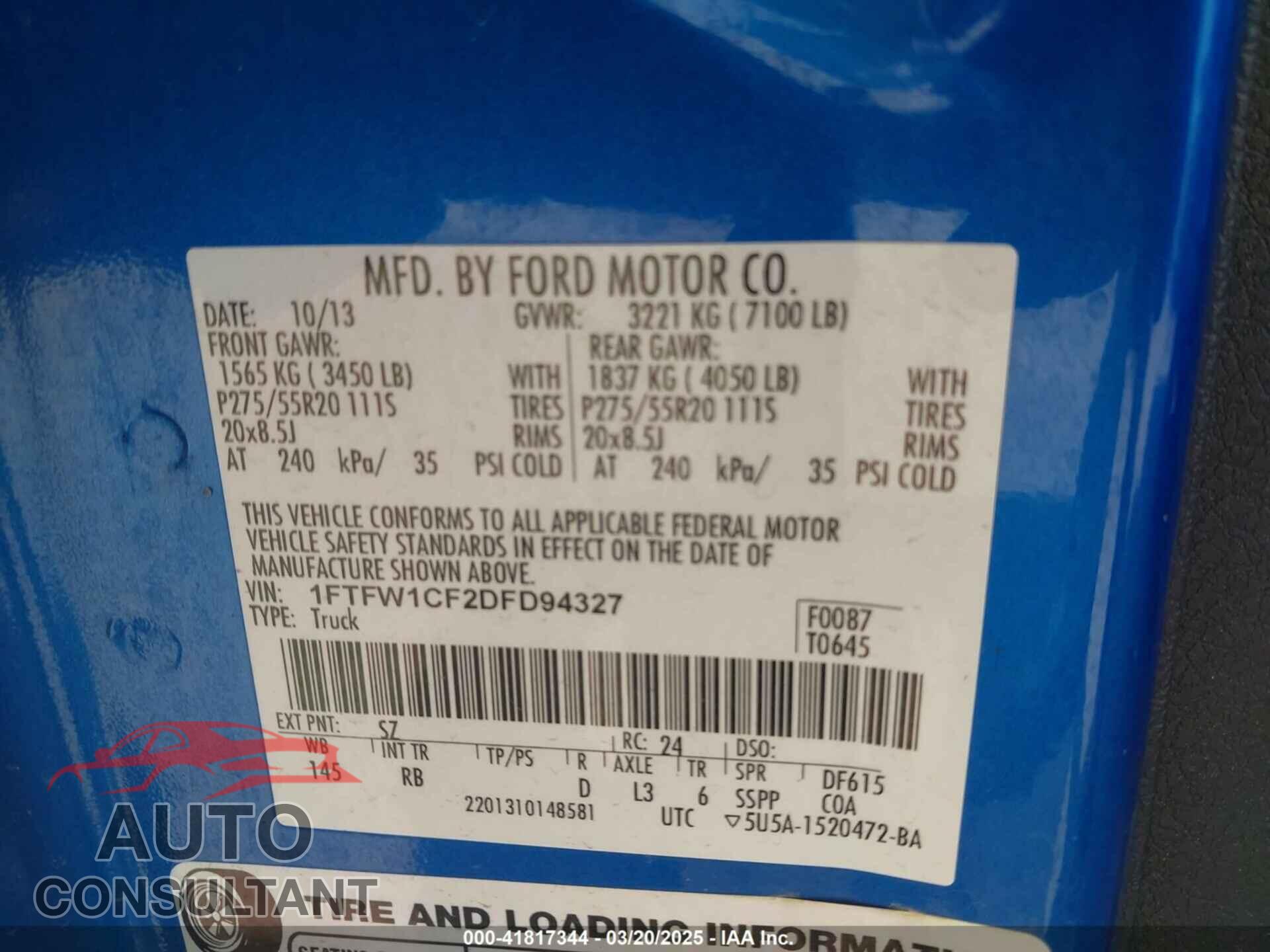 FORD F-150 2013 - 1FTFW1CF2DFD94327