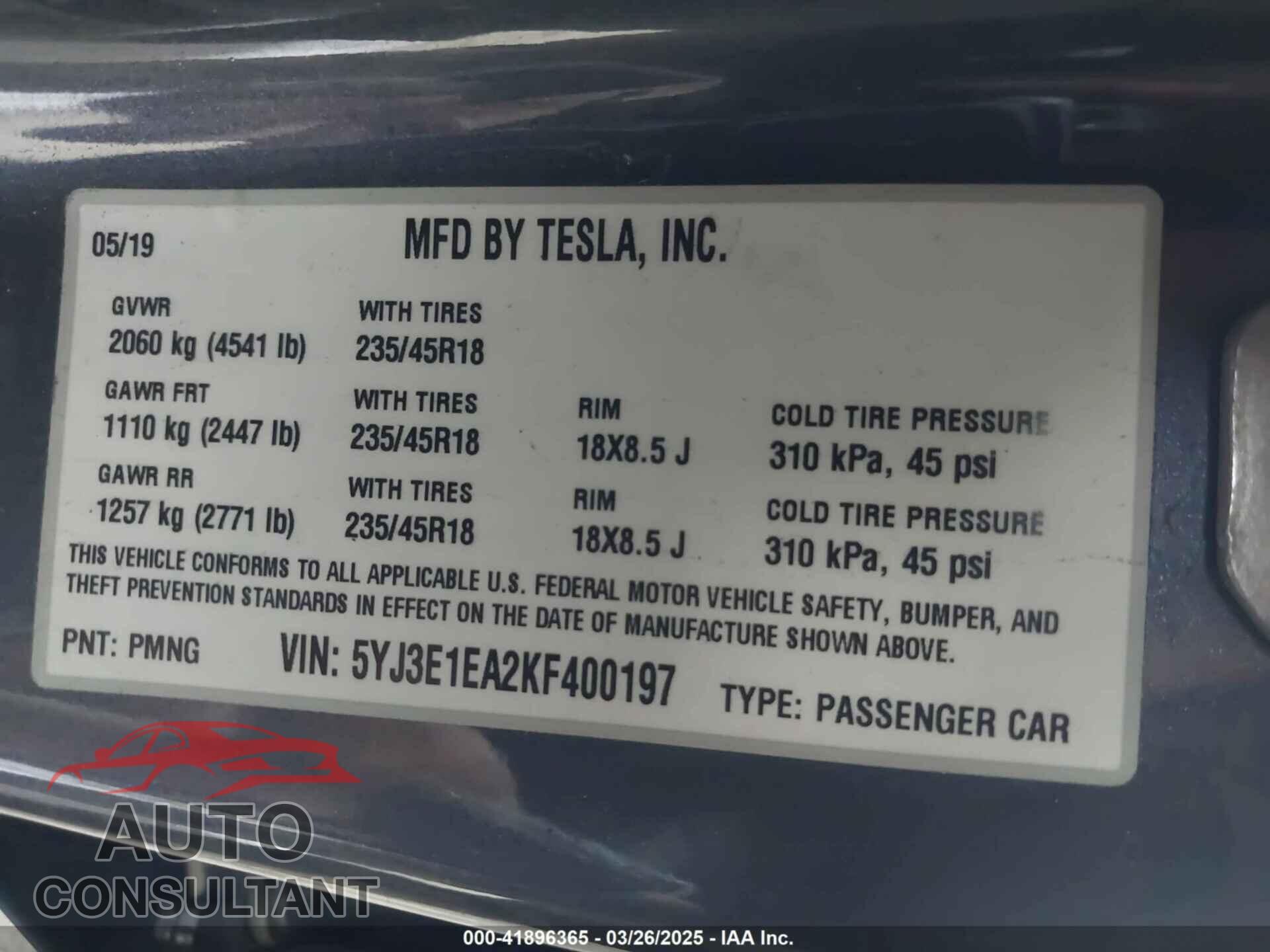 TESLA MODEL 3 2019 - 5YJ3E1EA2KF400197