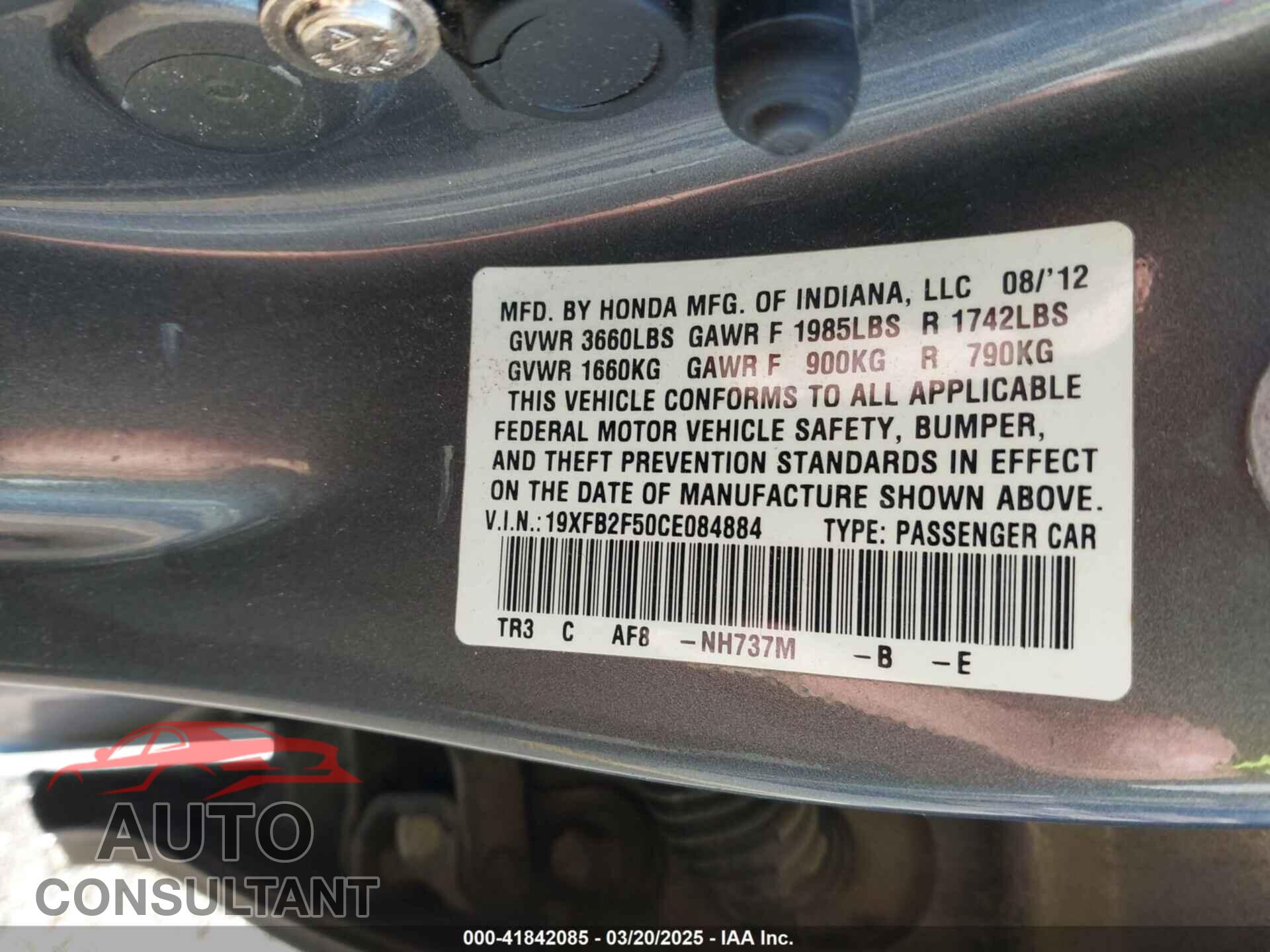 HONDA CIVIC 2012 - 19XFB2F50CE084884