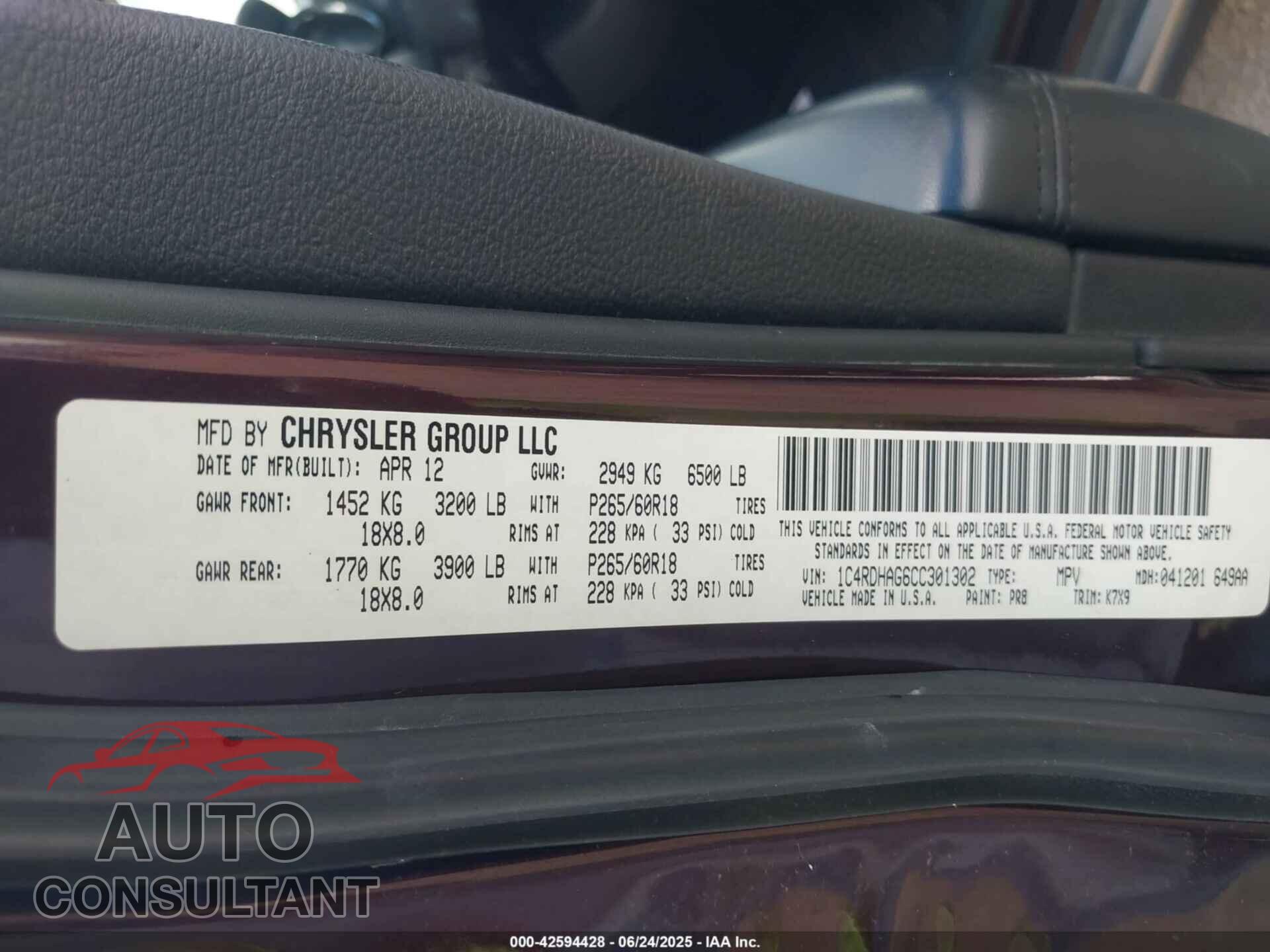 DODGE DURANGO 2012 - 1C4RDHAG6CC301302
