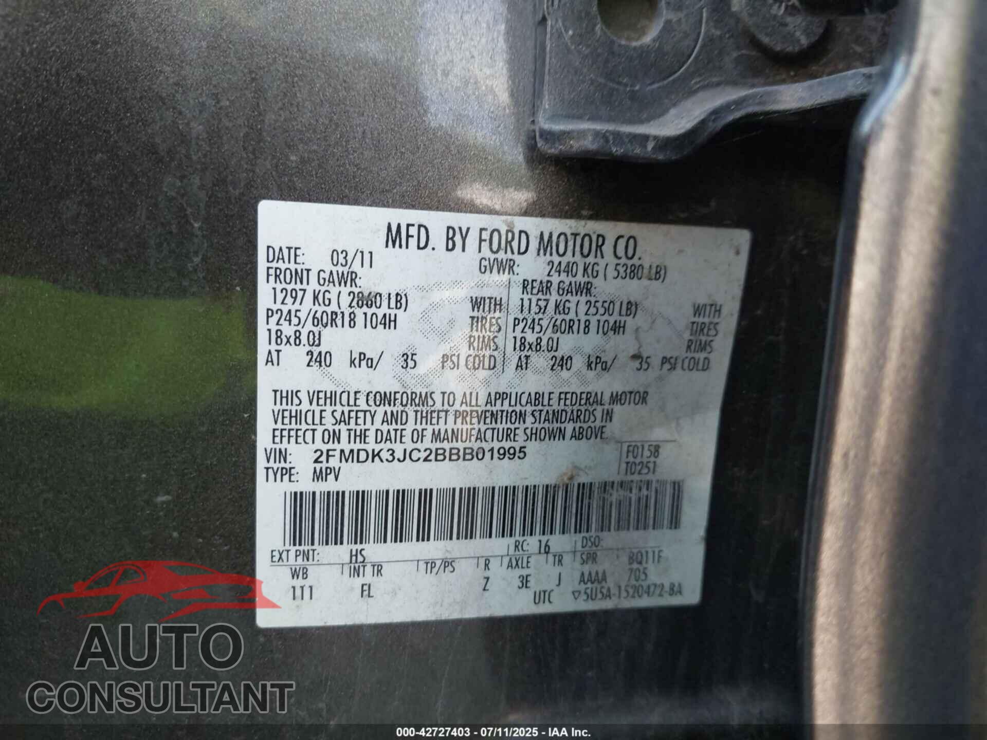 FORD EDGE 2011 - 2FMDK3JC2BBB01995