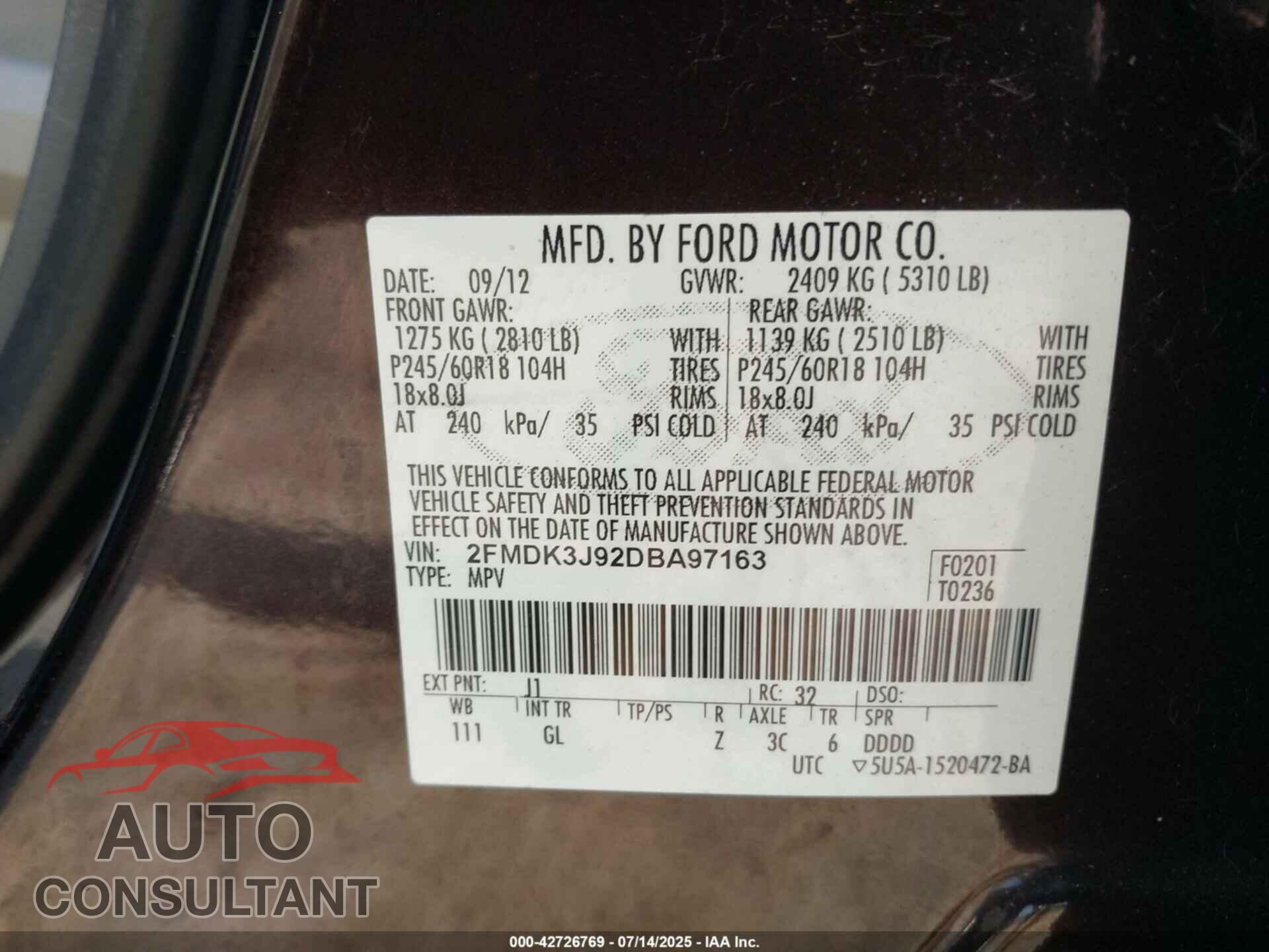 FORD EDGE 2013 - 2FMDK3J92DBA97163