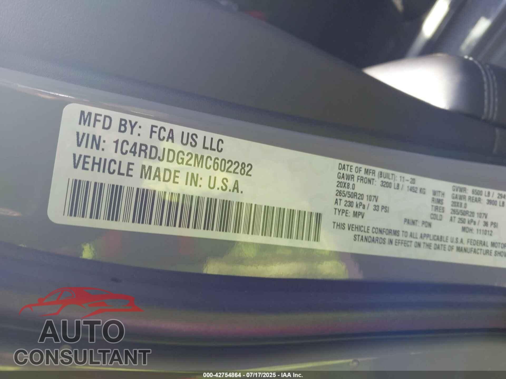DODGE DURANGO 2021 - 1C4RDJDG2MC602282
