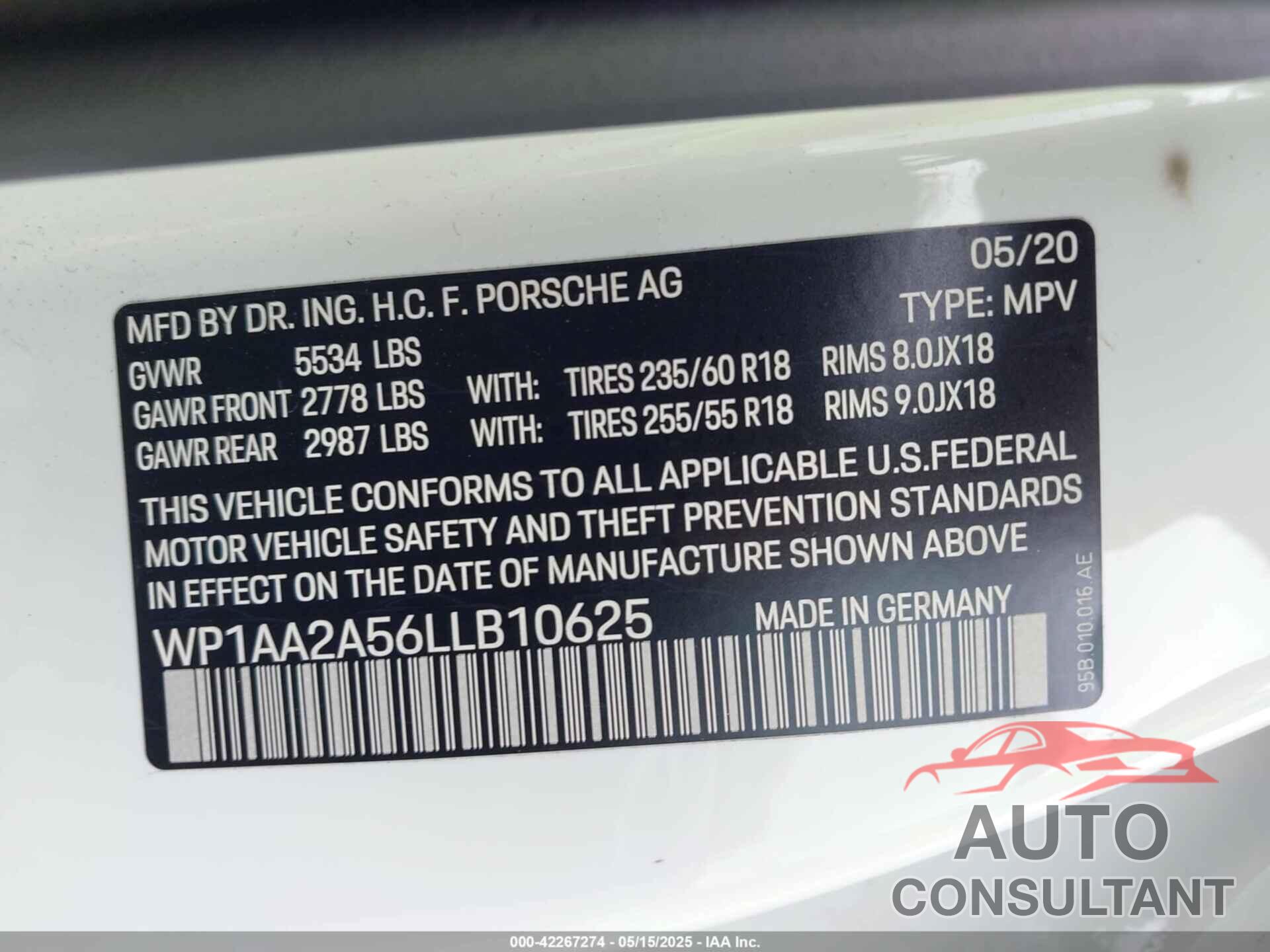 PORSCHE MACAN 2020 - WP1AA2A56LLB10625