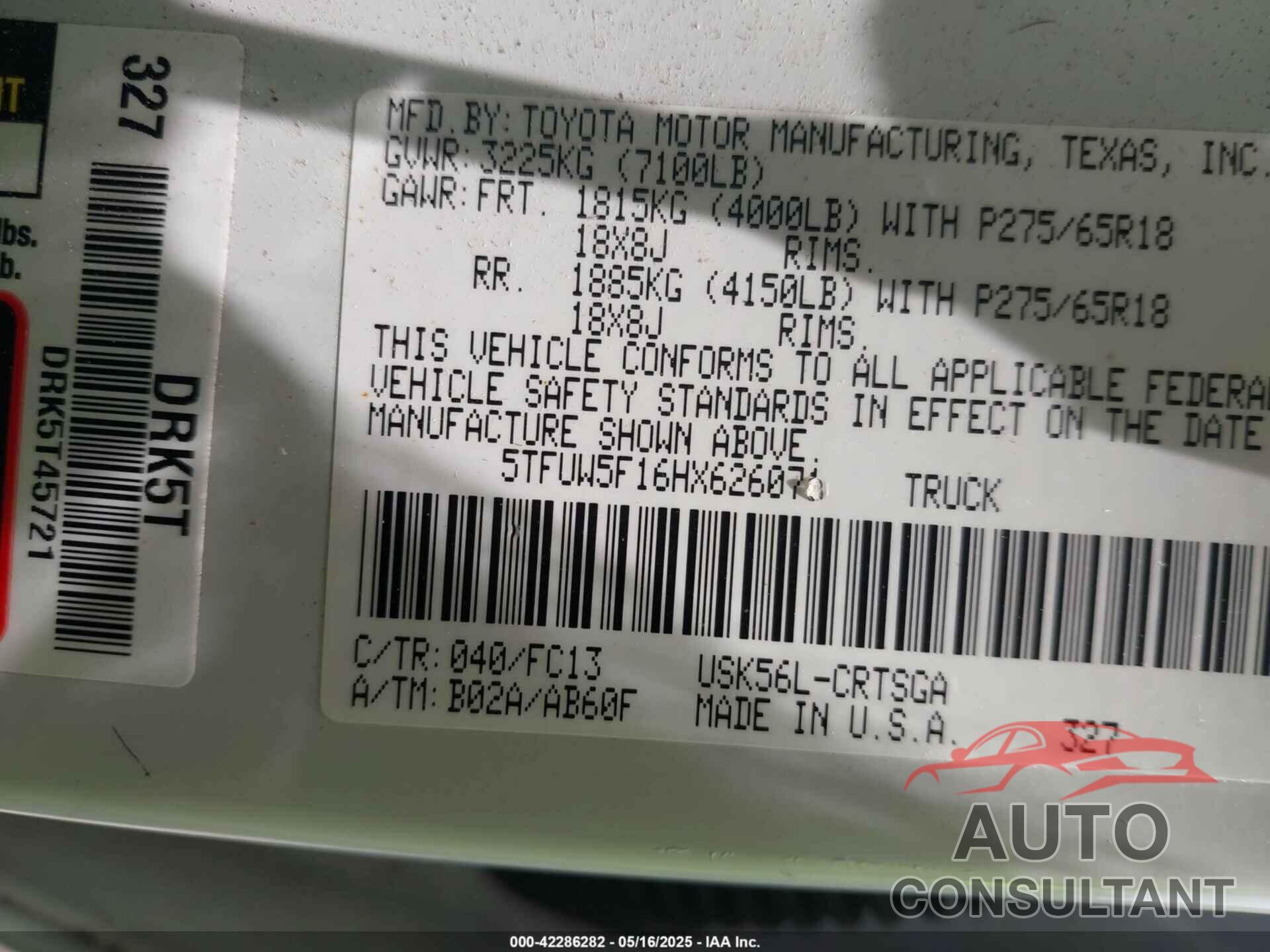 TOYOTA TUNDRA 2017 - 5TFUW5F16HX626071