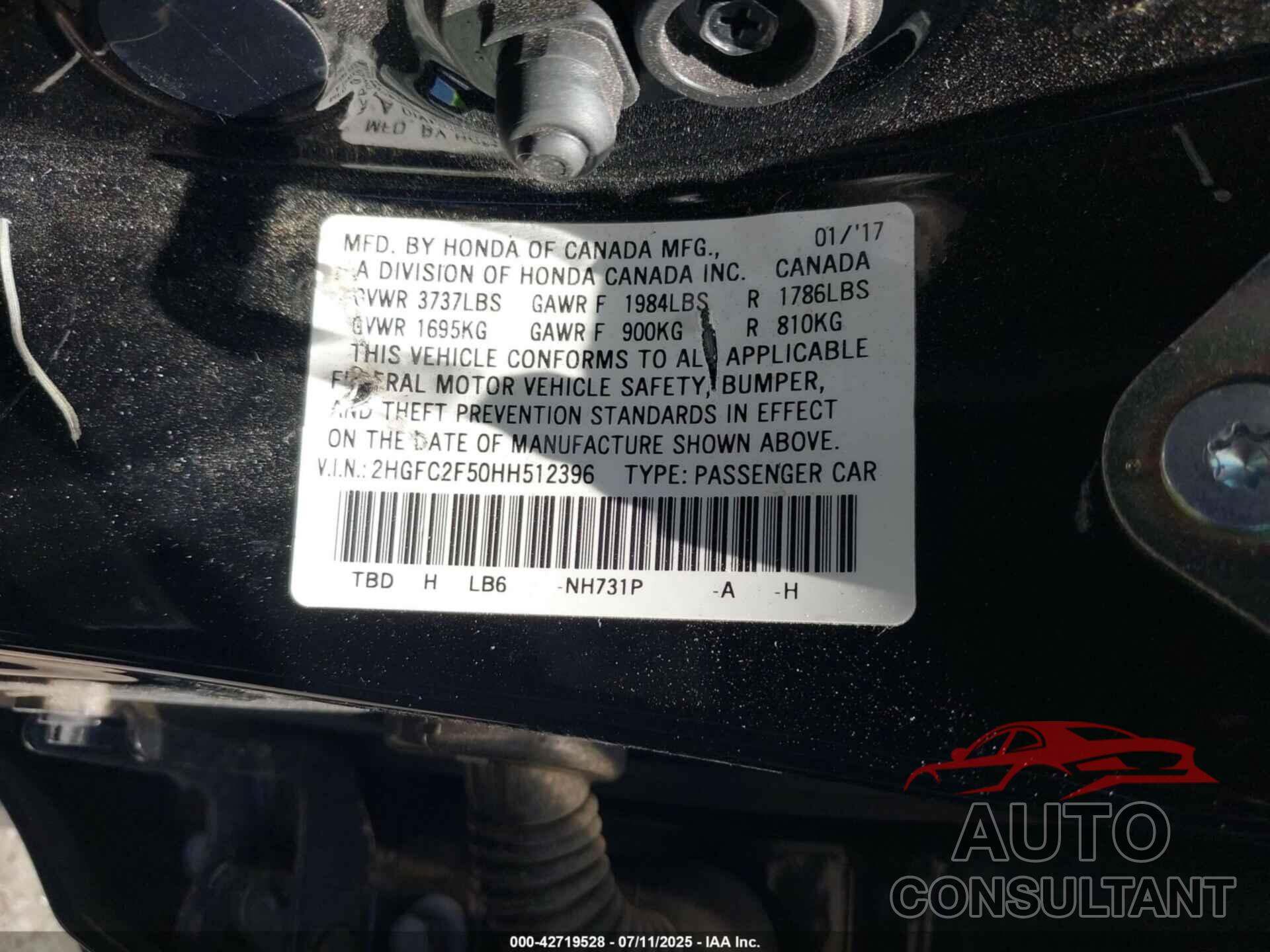 HONDA CIVIC 2017 - 2HGFC2F50HH512396
