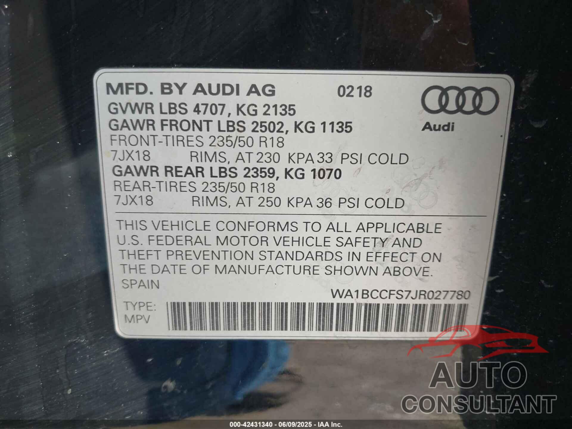 AUDI Q3 2018 - WA1BCCFS7JR027780