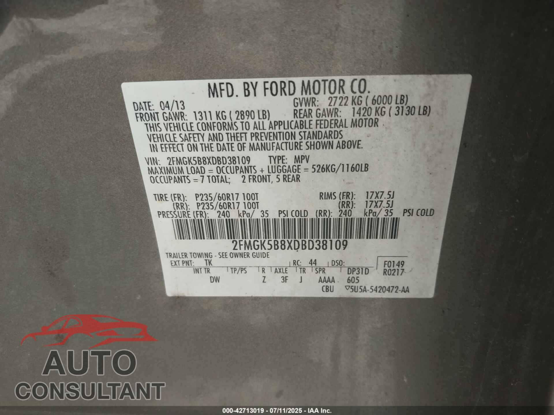 FORD FLEX 2013 - 2FMGK5B8XDBD38109