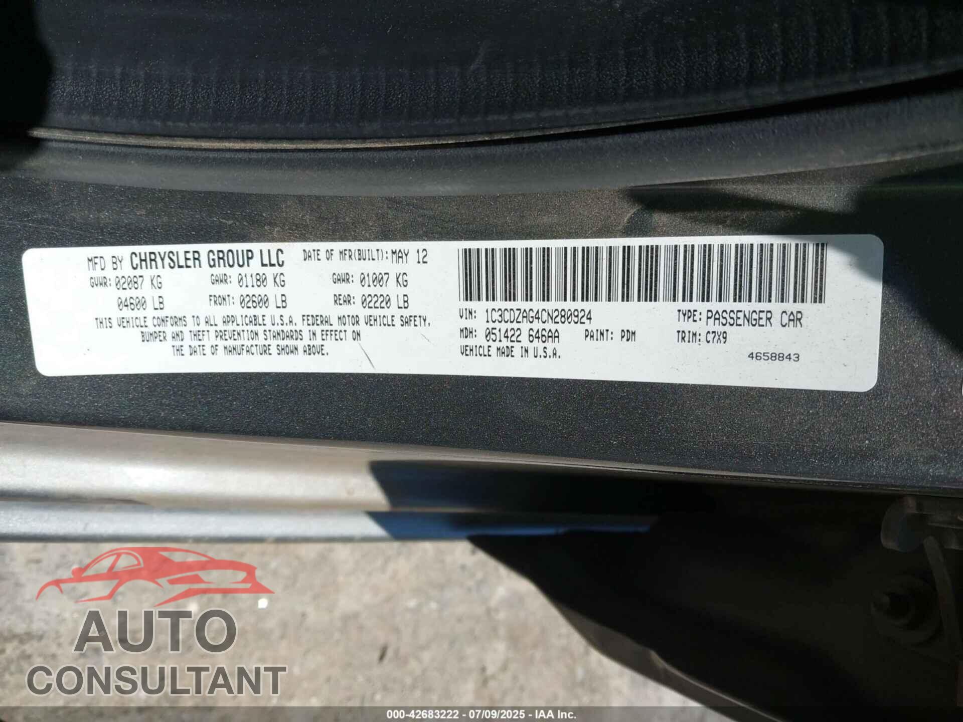 DODGE AVENGER 2012 - 1C3CDZAG4CN280924