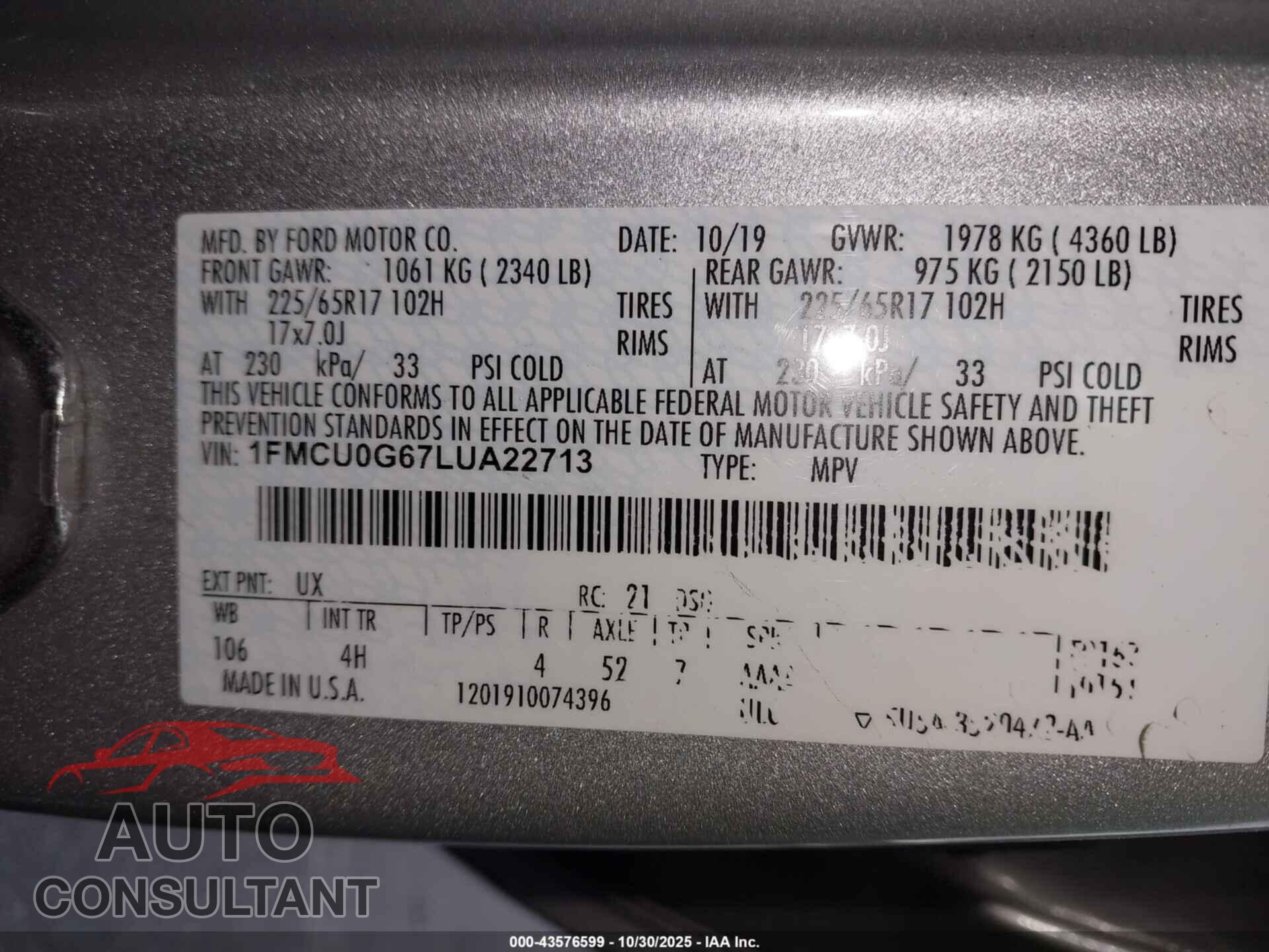 FORD ESCAPE 2020 - 1FMCU0G67LUA22713