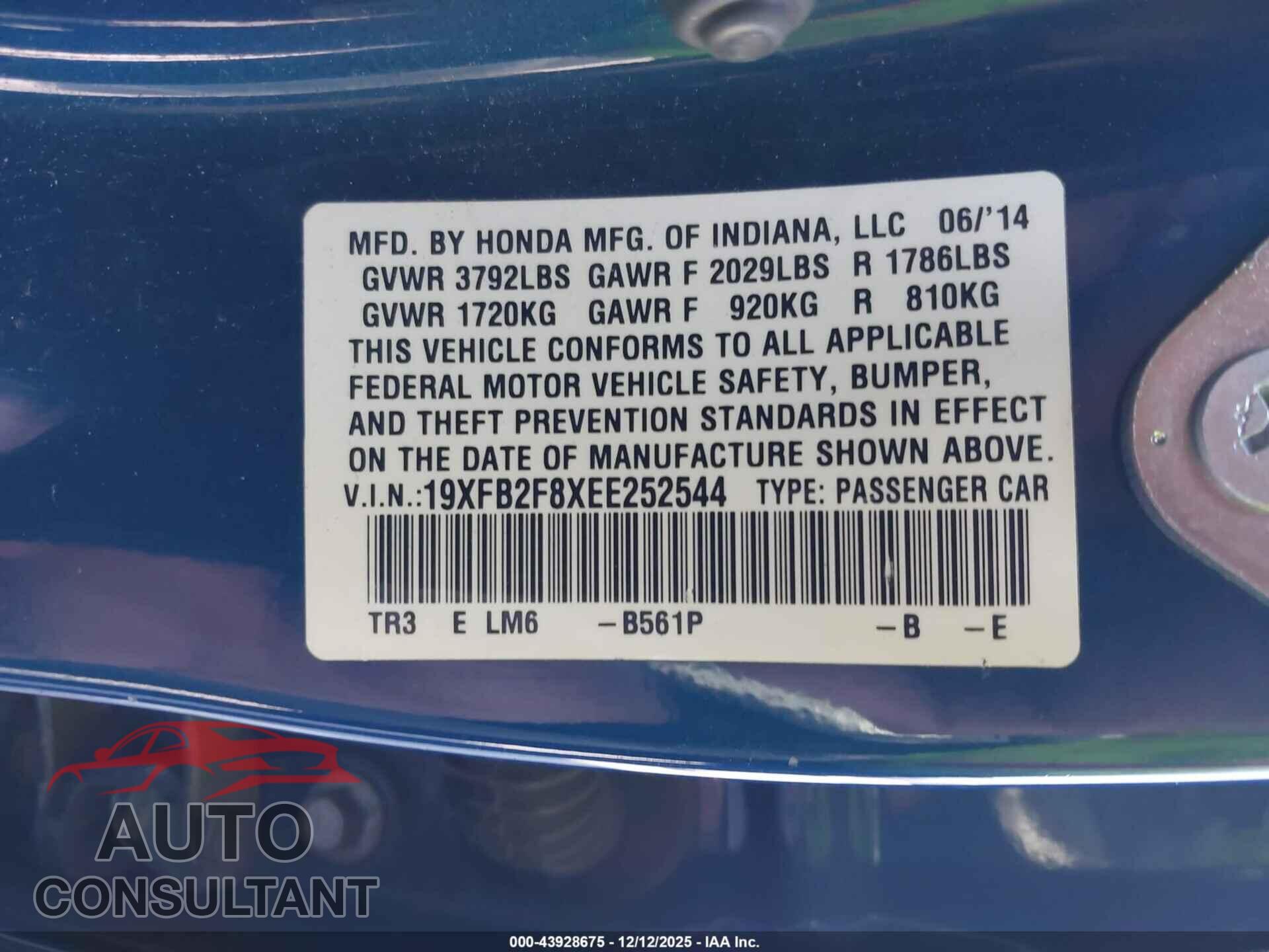HONDA CIVIC 2014 - 19XFB2F8XEE252544