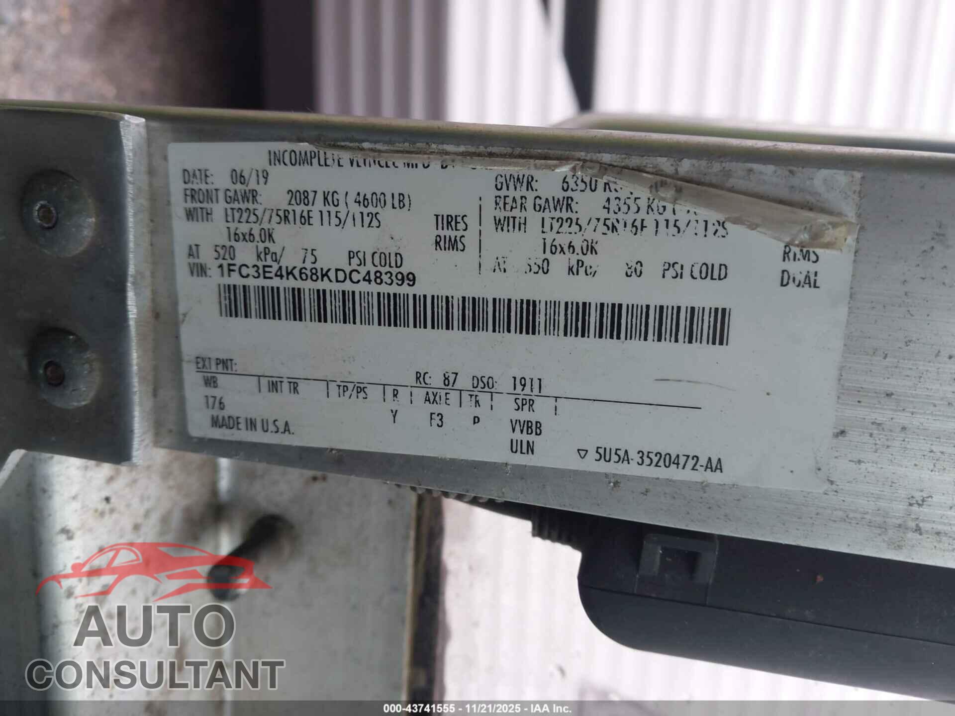 FORD E-450 STRIPPED 2019 - 1FC3E4K68KDC48399