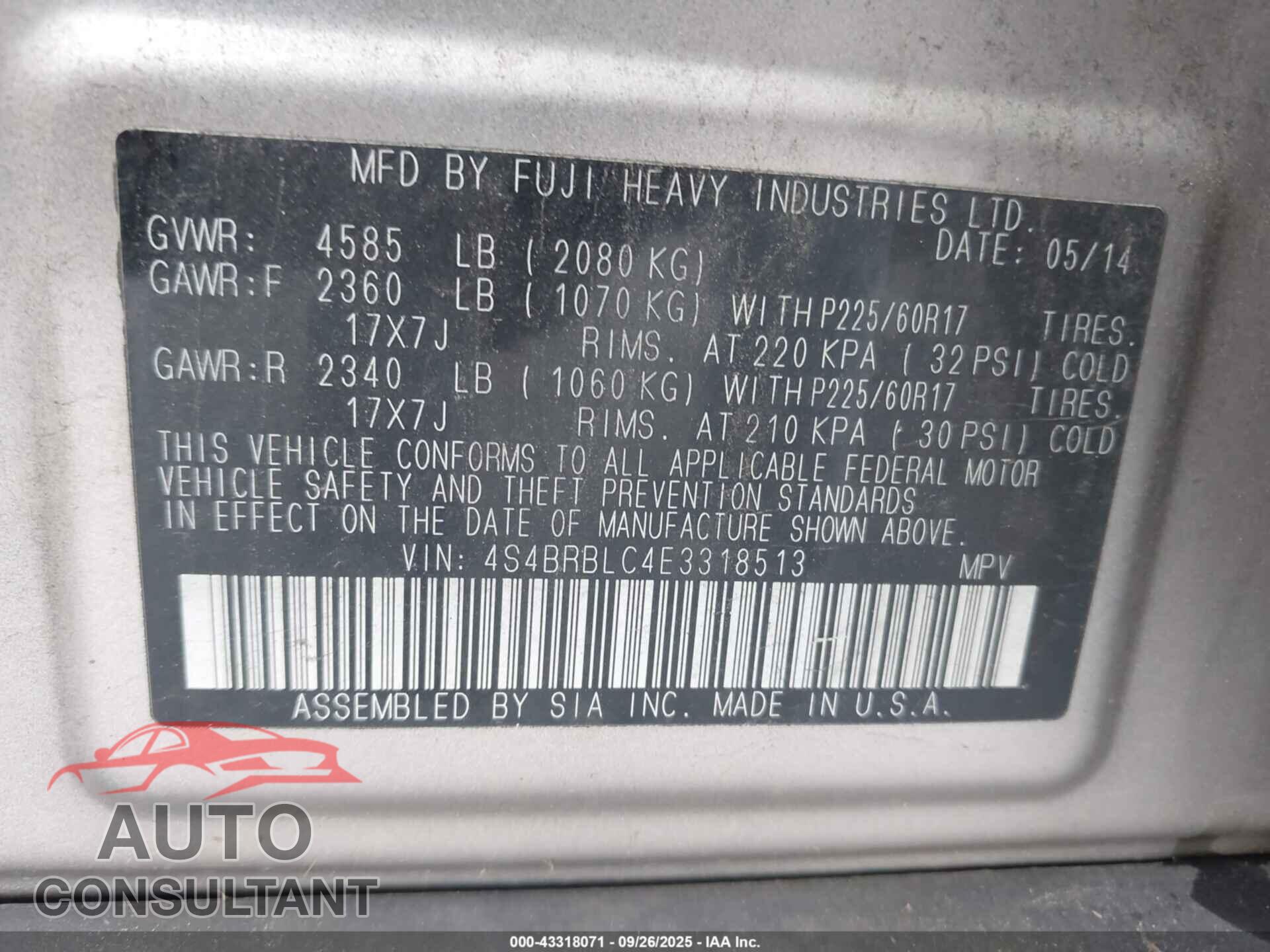 SUBARU OUTBACK 2014 - 4S4BRBLC4E3318513