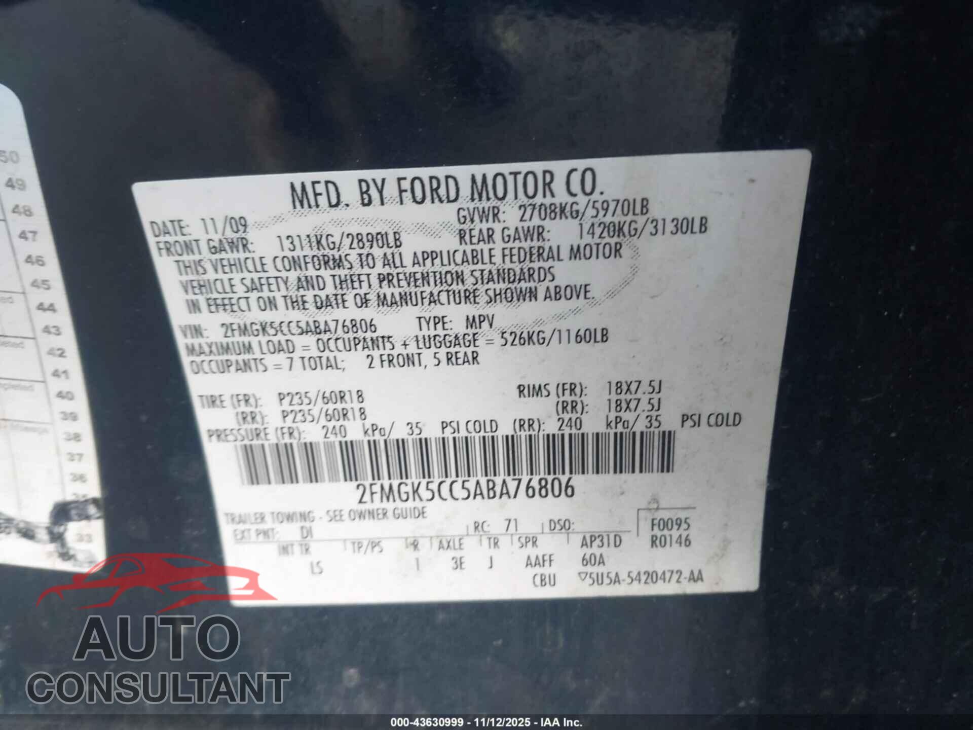 FORD FLEX 2010 - 2FMGK5CC5ABA76806