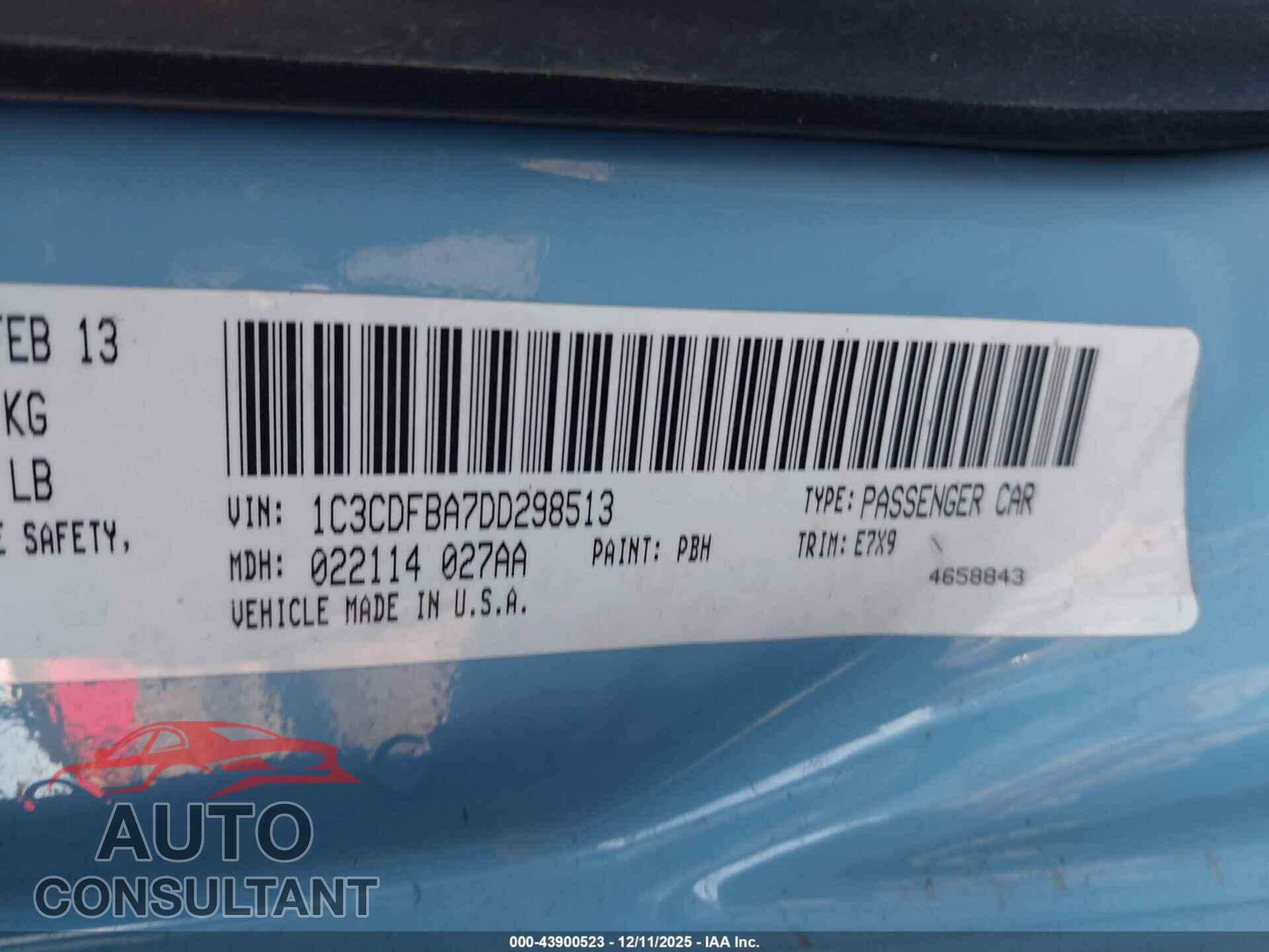 DODGE DART 2013 - 1C3CDFBA7DD298513