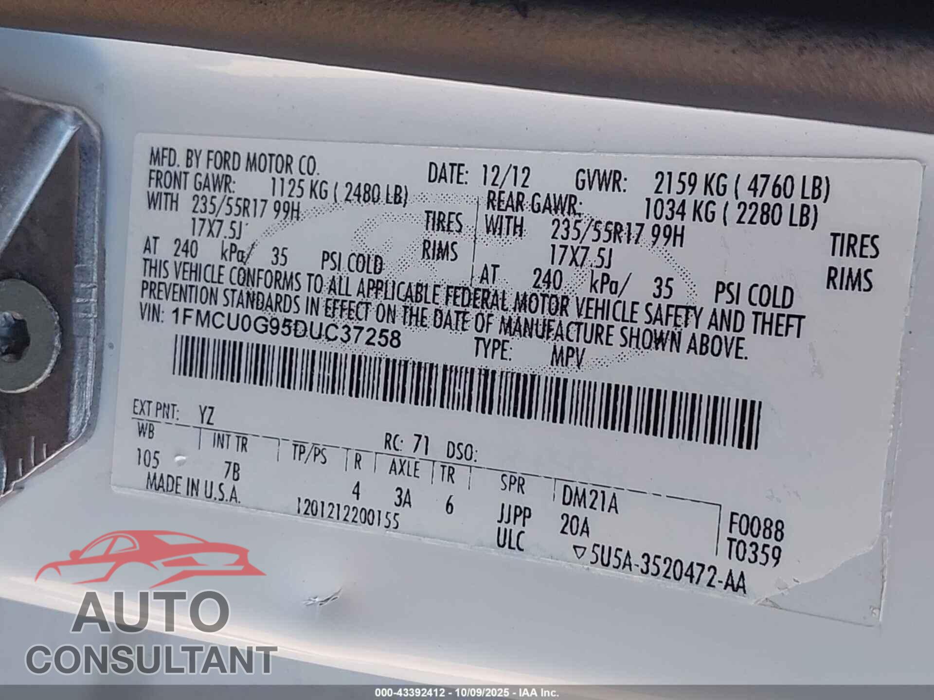 FORD ESCAPE 2013 - 1FMCU0G95DUC37258