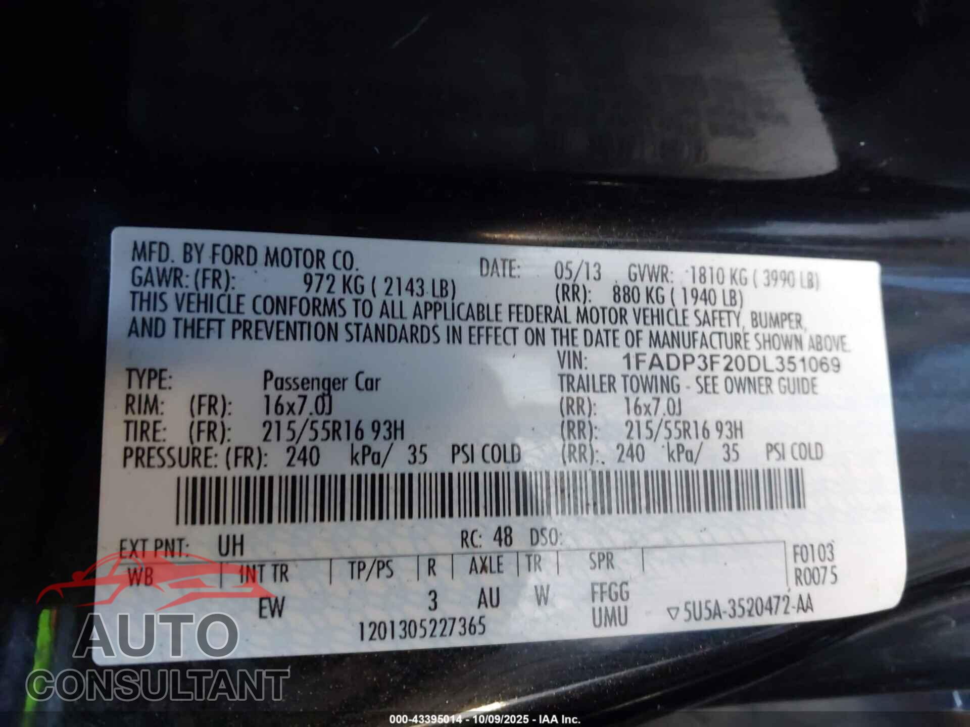 FORD FOCUS 2013 - 1FADP3F20DL351069