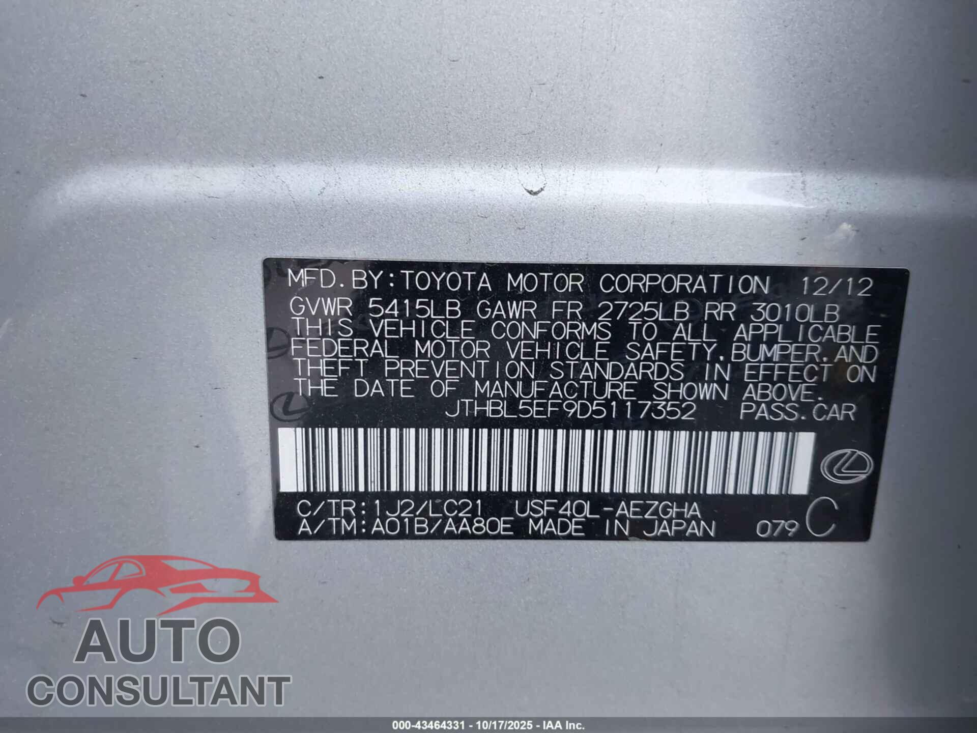 LEXUS LS 460 2013 - JTHBL5EF9D5117352