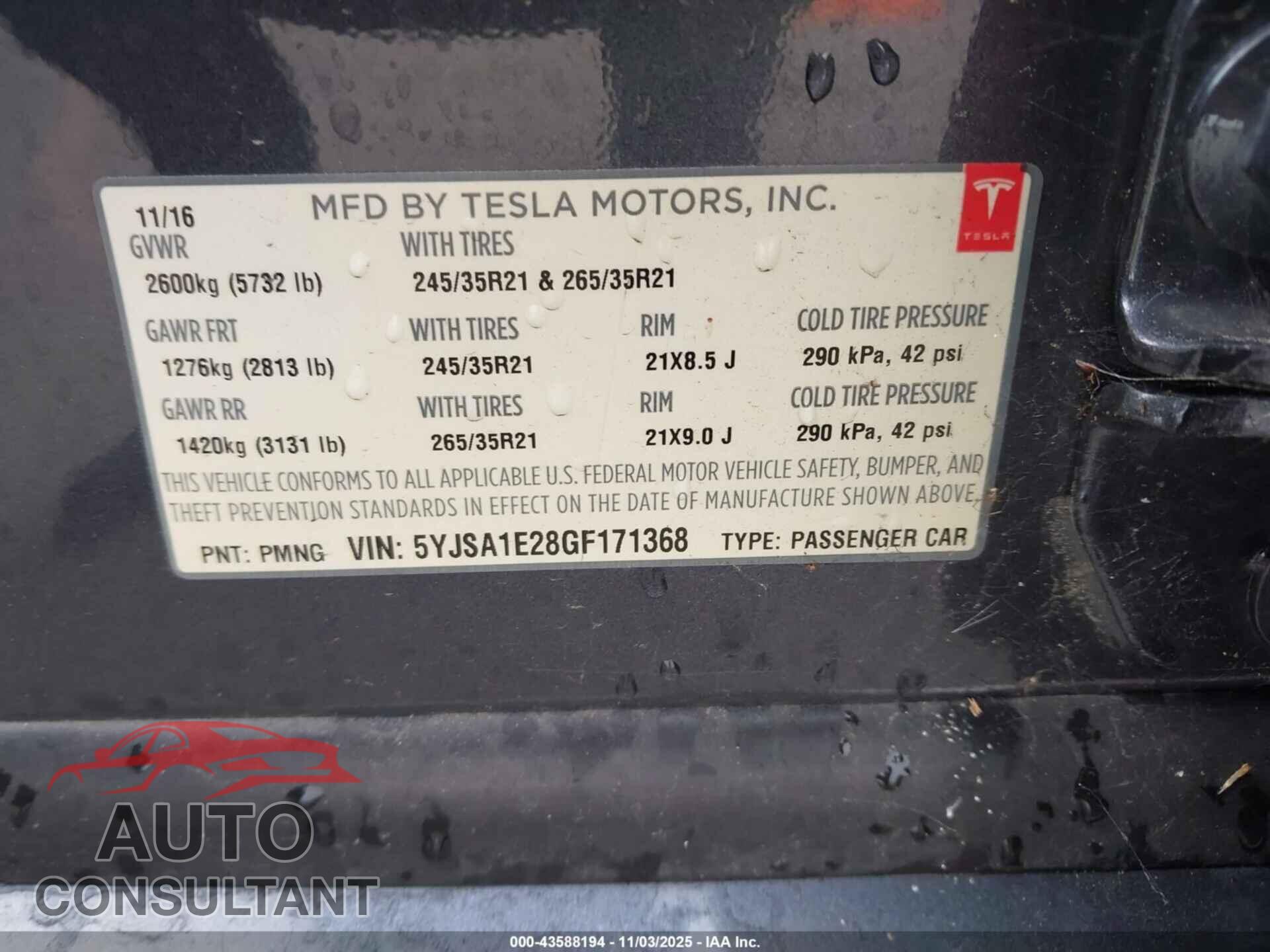 TESLA MODEL S 2016 - 5YJSA1E28GF171368