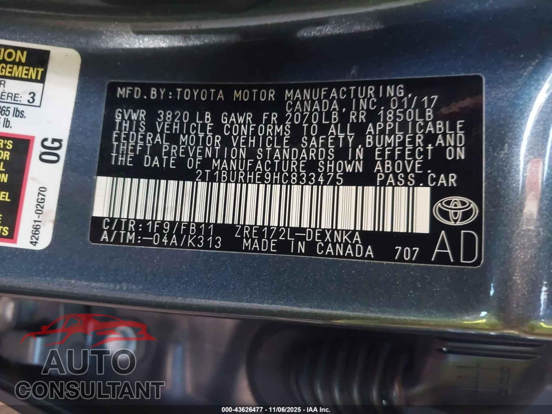 TOYOTA COROLLA 2017 - 2T1BURHE9HC833475