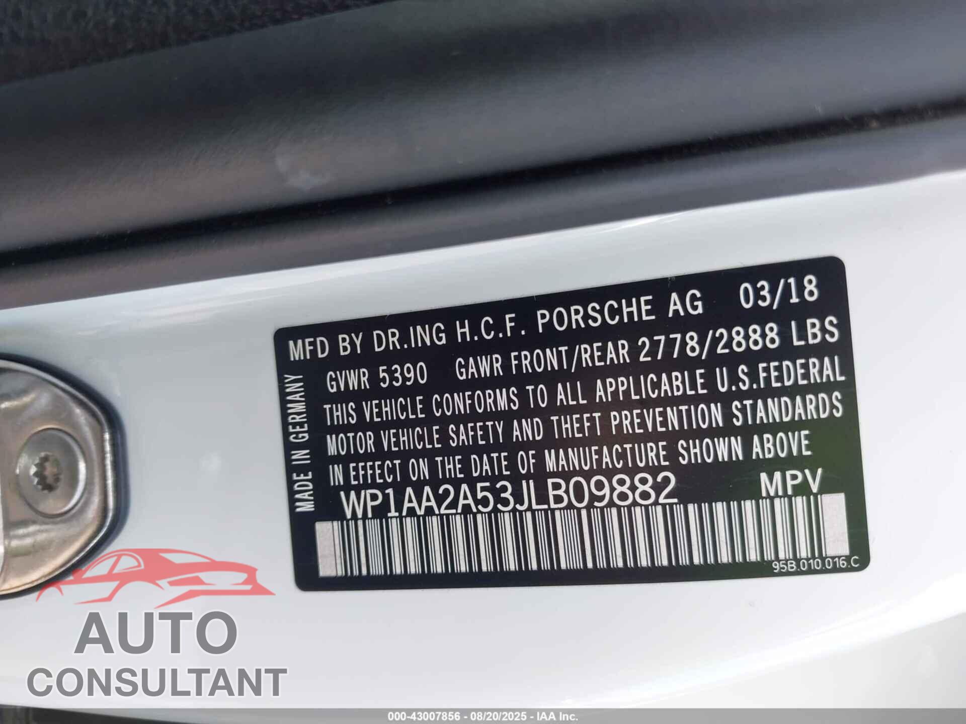 PORSCHE MACAN 2018 - WP1AA2A53JLB09882