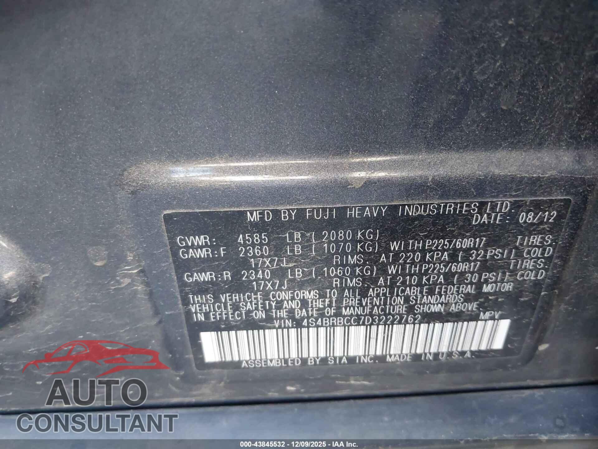 SUBARU OUTBACK 2013 - 4S4BRBCC7D3222762