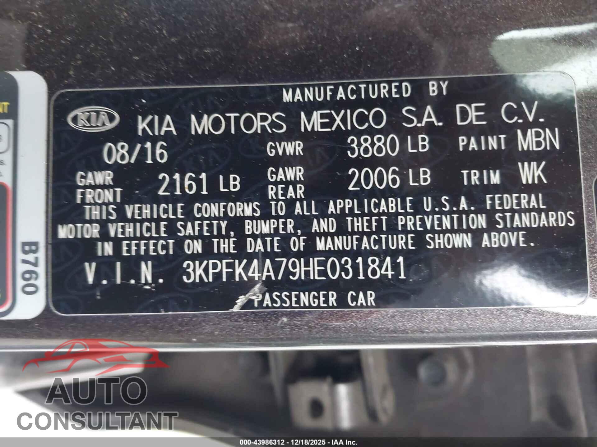 KIA FORTE 2017 - 3KPFK4A79HE031841