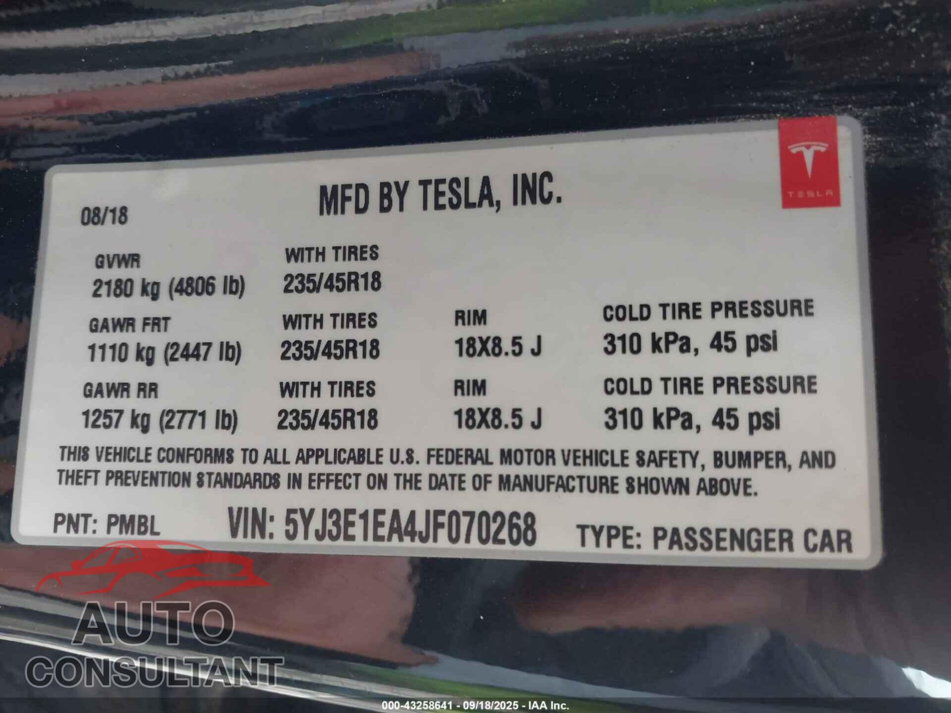TESLA MODEL 3 2018 - 5YJ3E1EA4JF070268