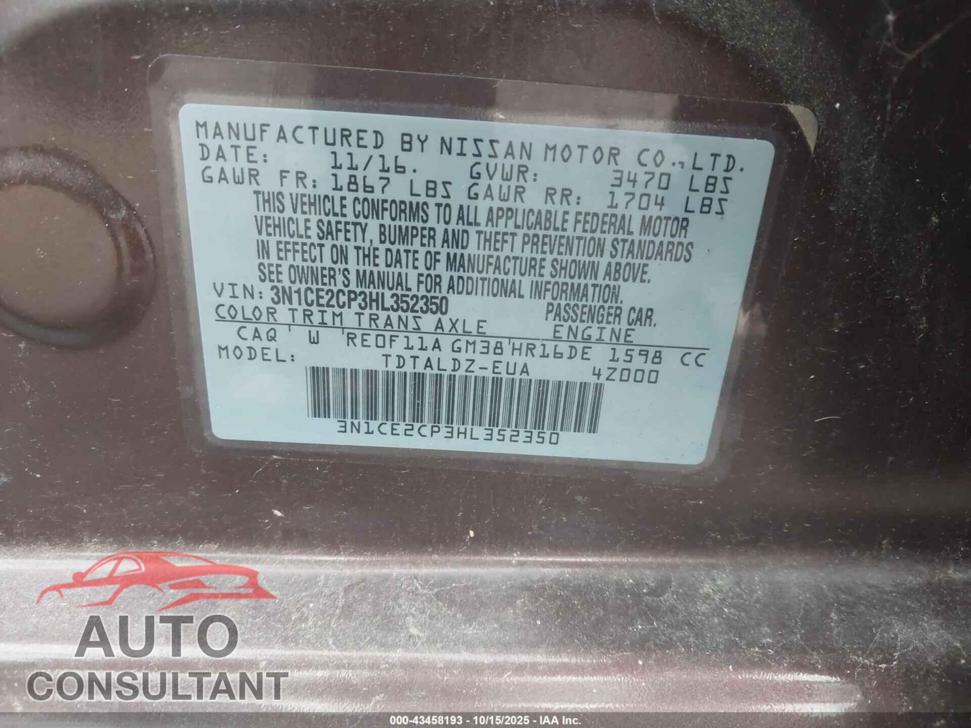 NISSAN VERSA NOTE 2017 - 3N1CE2CP3HL352350