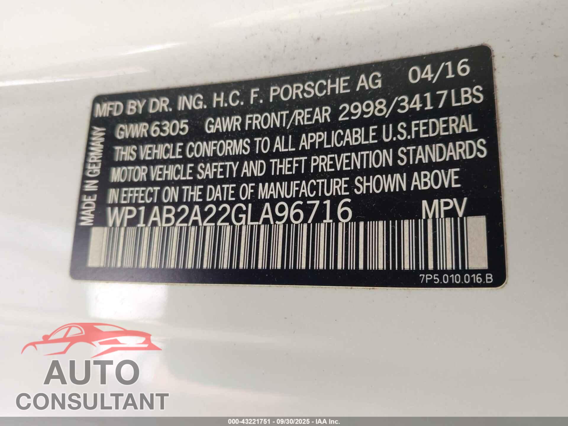PORSCHE CAYENNE 2016 - WP1AB2A22GLA96716